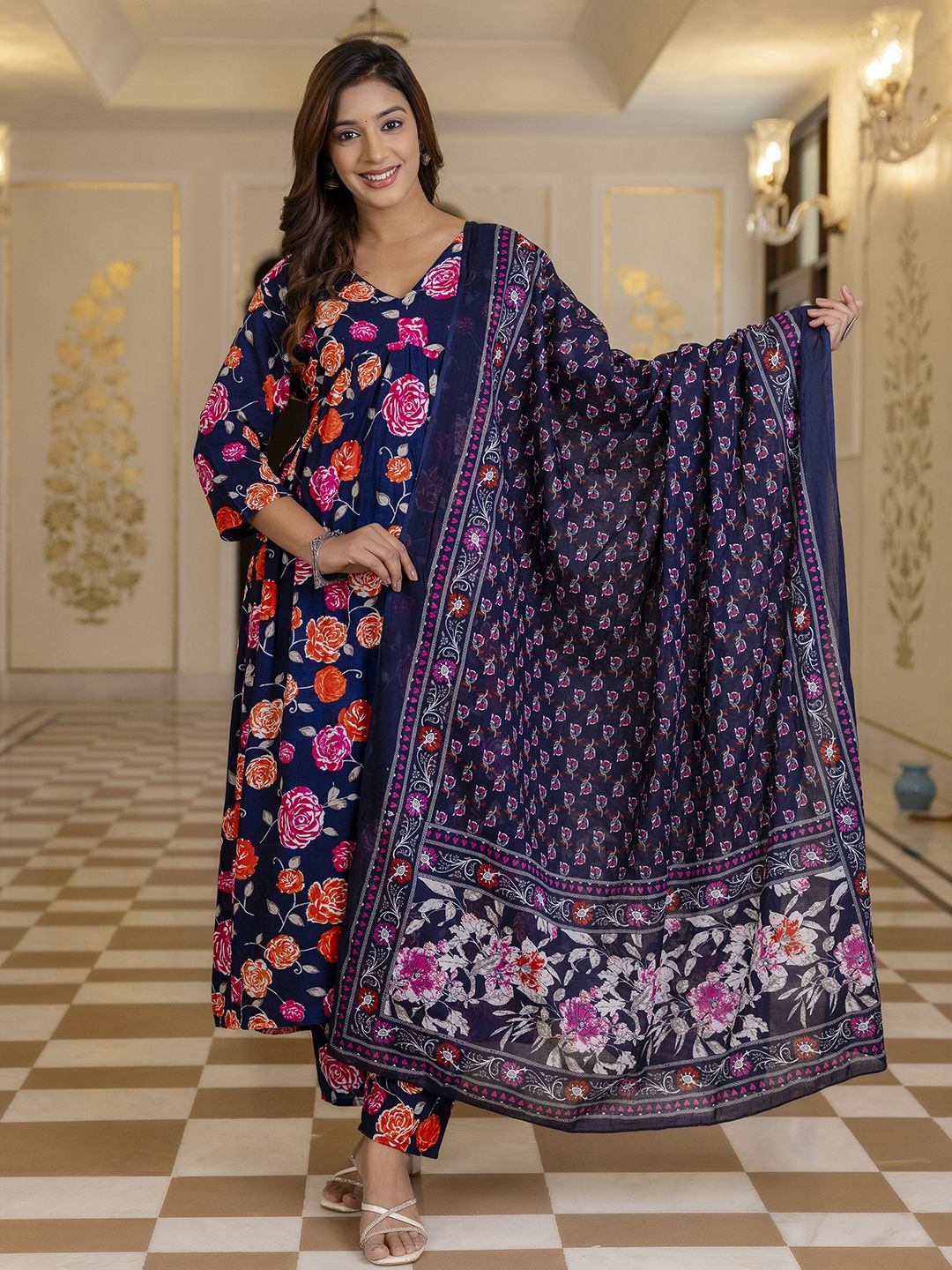 

ANNU PARIDHAN Floral Printed V-Neck Anarkali Kurta with Trousers And Dupatta, Navy blue