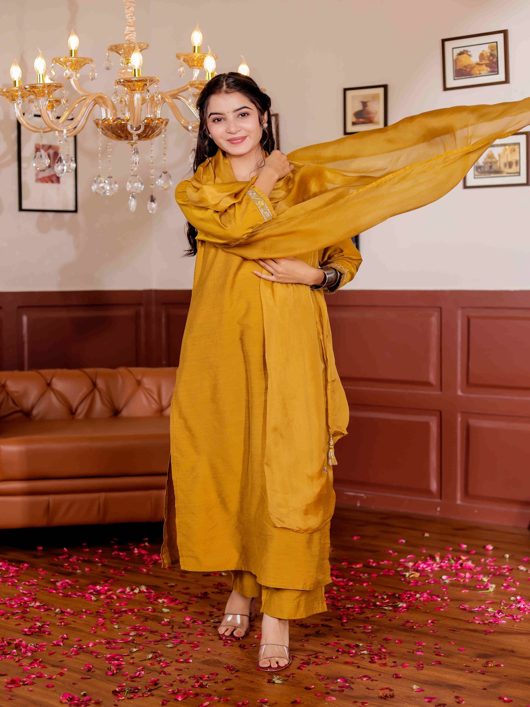 

VASVI Zari Straight Kurta With Trouser & Dupatta, Mustard