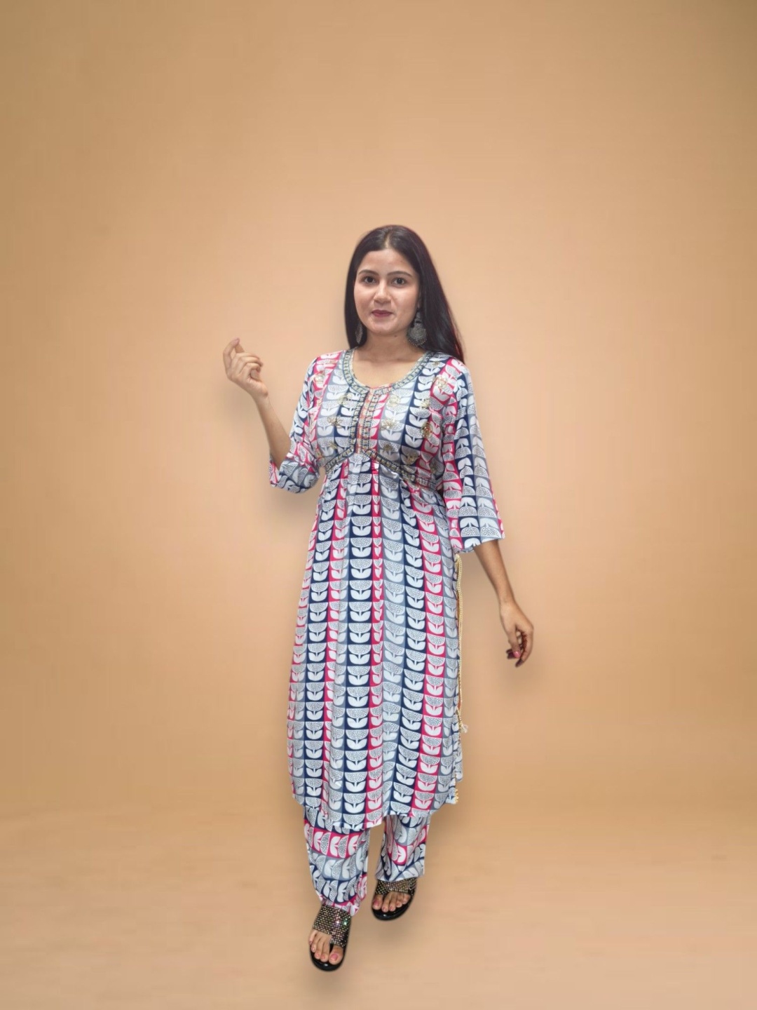 

Ayukti Floral Printed V-Neck Straight Kurta With Palazzos And Dupatta, Blue