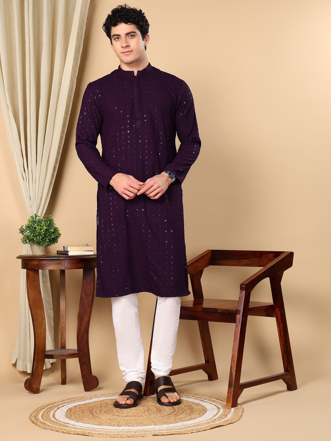 

TATTVA Floral Embroidered Sequinned Mandarin Collar Straight Kurta, Purple