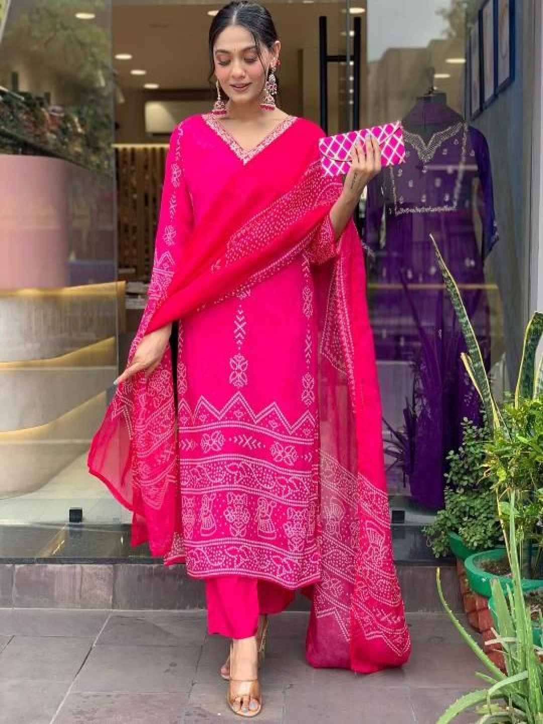 

THE52 Bandhani Printed V-Neck Gotta Patti Straight Kurta With Trousers & Dupatta, Pink