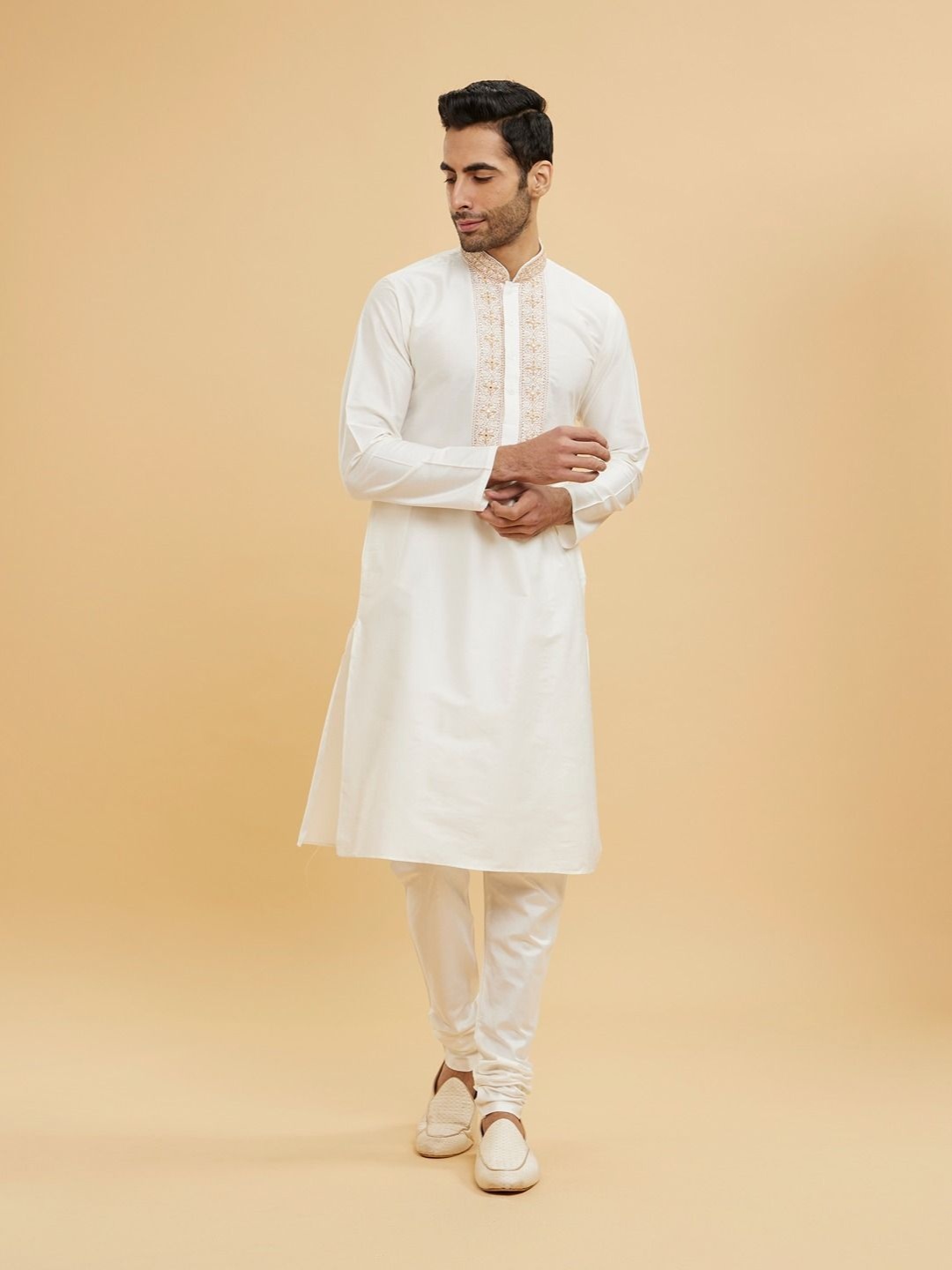 

Twamev Embroidered Mirror Work Mandarin Collar Kurta With Churidar, Cream