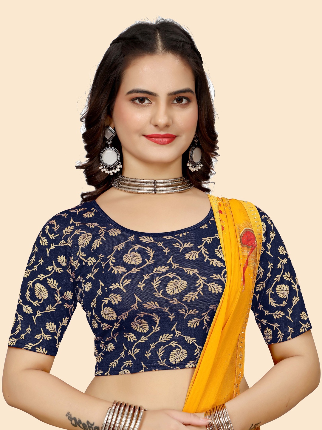 

SHREEJI DESIGNER Woven Design Stretchable Saree Blouse, Navy blue