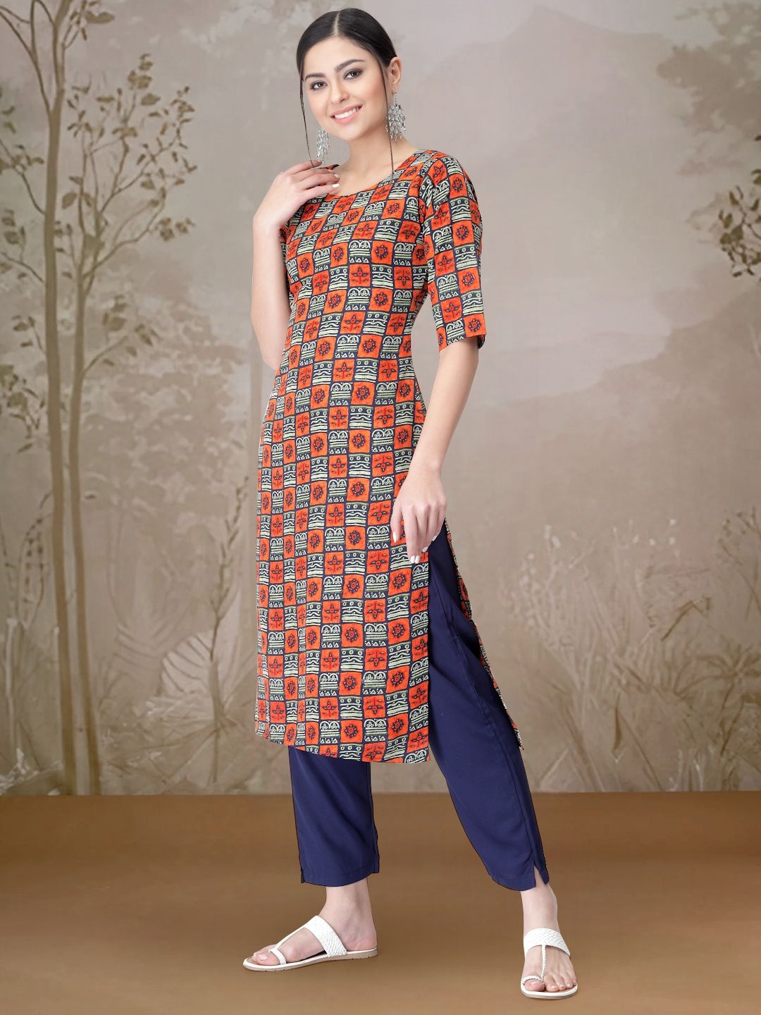 

7Threads Ethnic Motifs Printed Round Neck Straight Kurta With Trousers, Navy blue