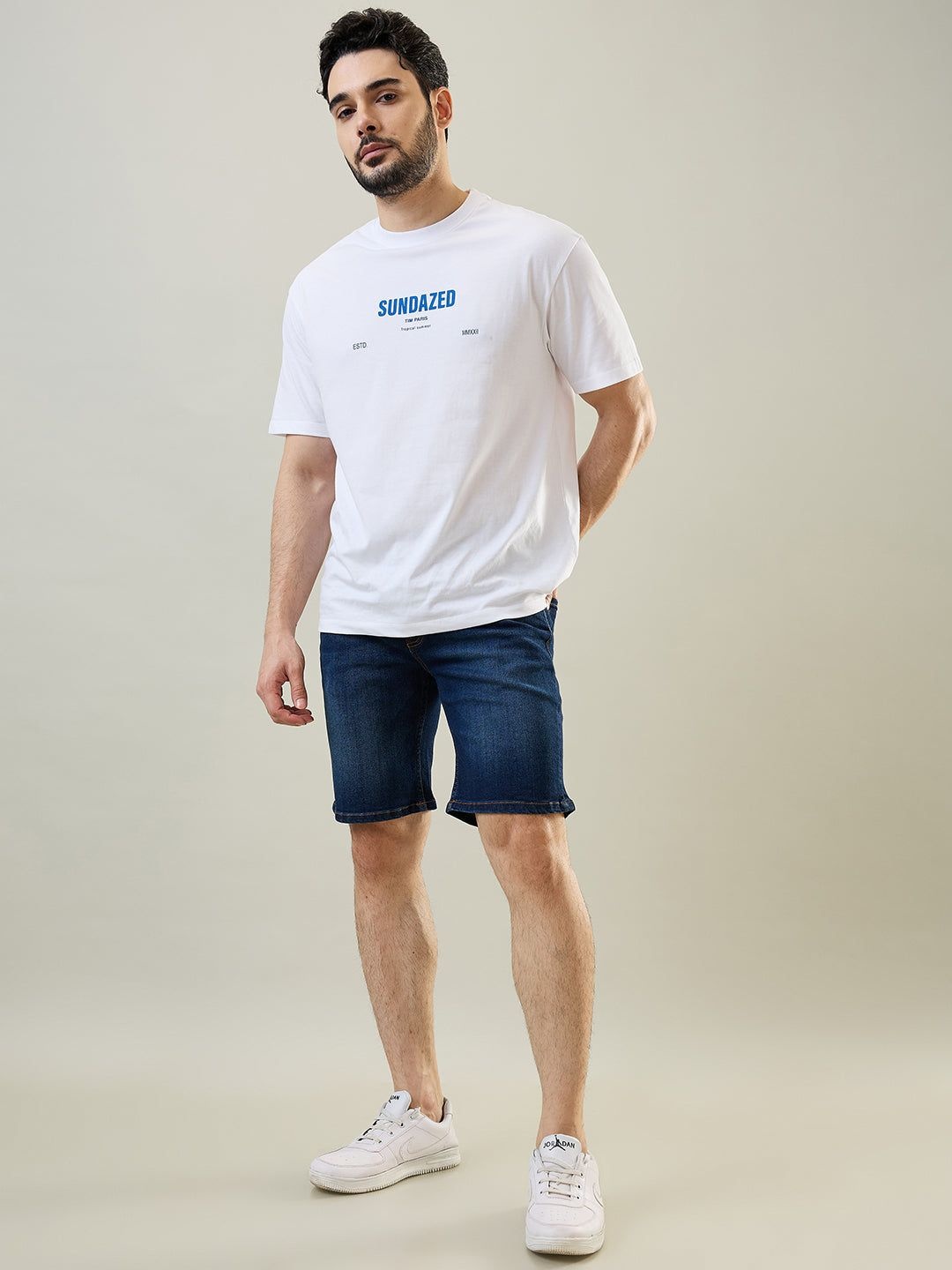 

TIM PARIS Men Cotton Mid-Rise Washed Denim Technology Shorts, Blue
