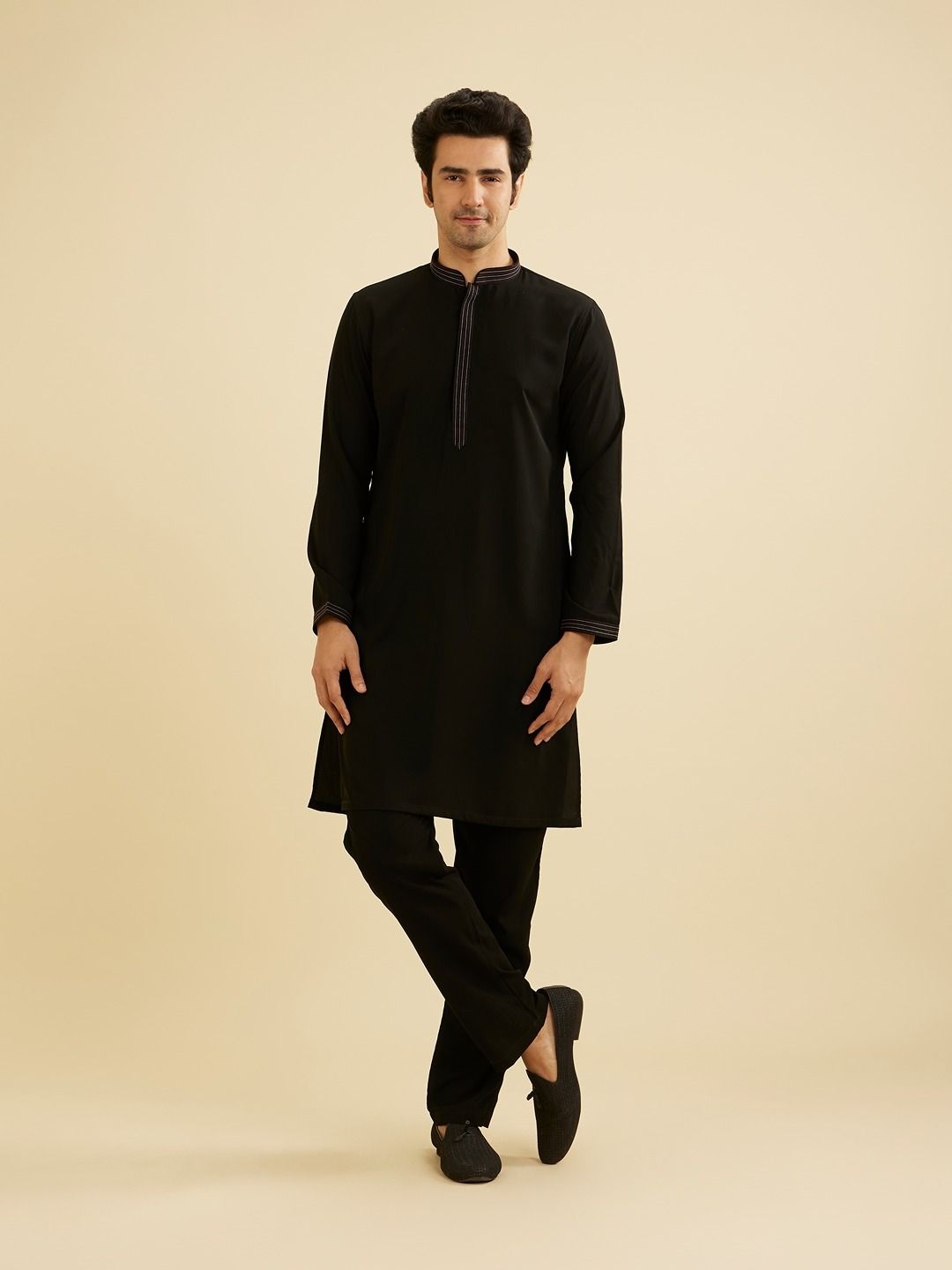 

Manyavar Embroidered Sequinned Mandarin Collar Straight Kurta With Churidar & Nehru Jacket, Black