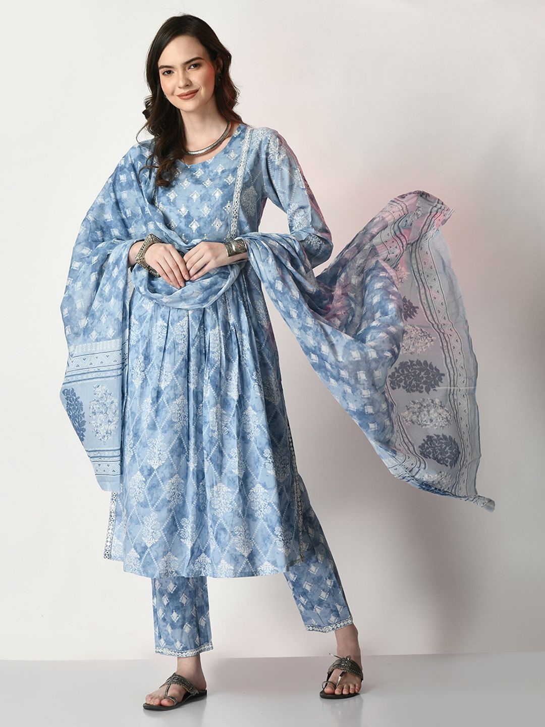 

SHOOLIN Ethnic Motifs Printed Panelled A-Line Pure Cotton Kurta With Trousers & Dupatta, Blue