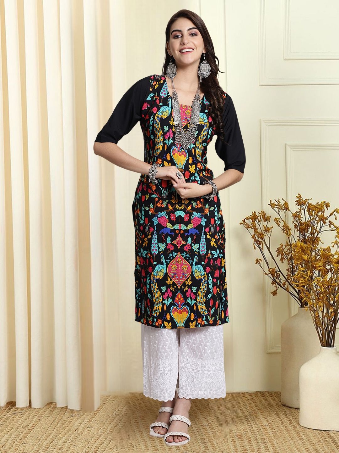 

7Threads Ethnic Motifs Printed Round Neck Straight Kurta, Black