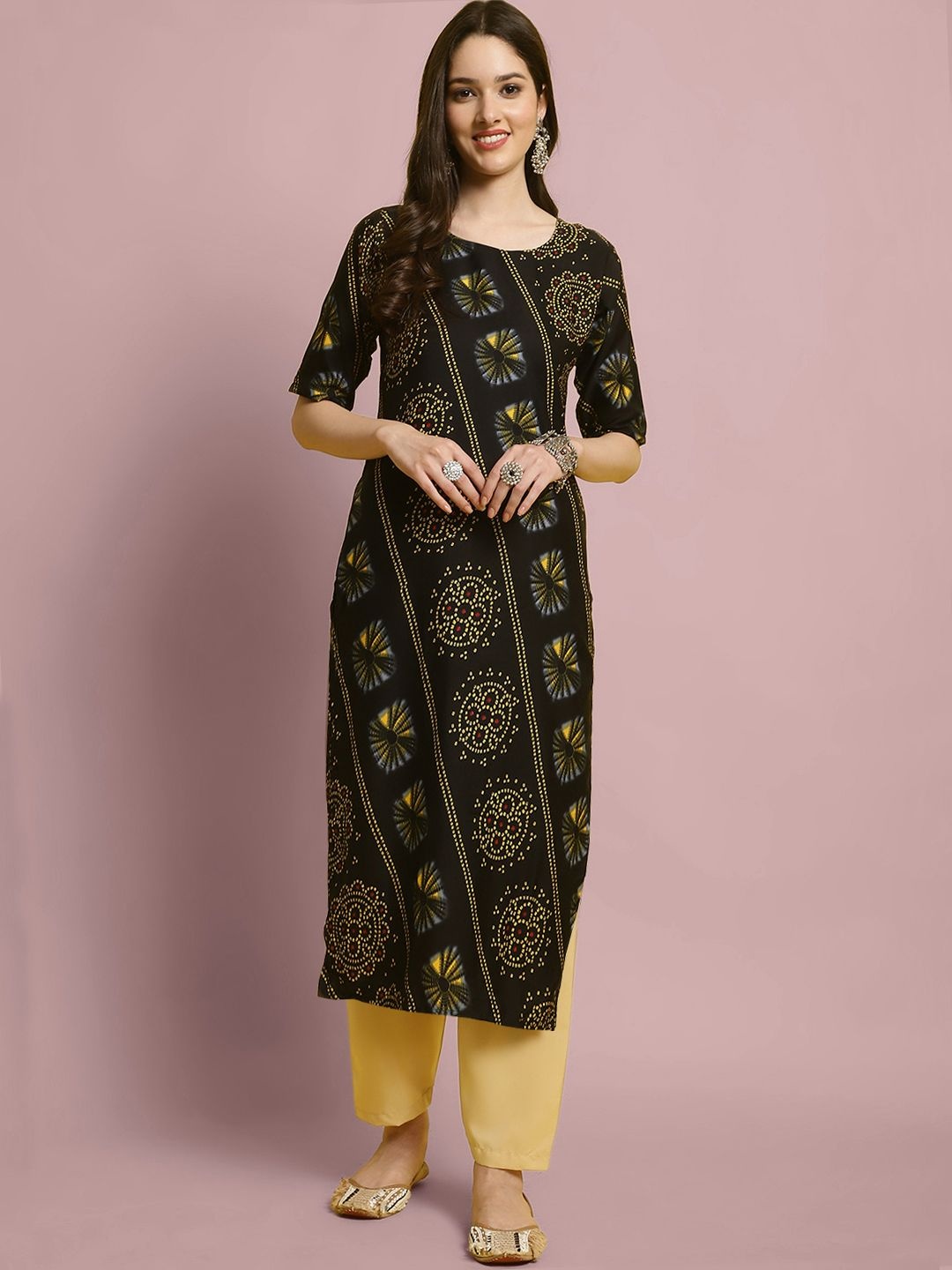 

7Threads Ethnic Motifs Printed Straight Kurta with Trouser, Black