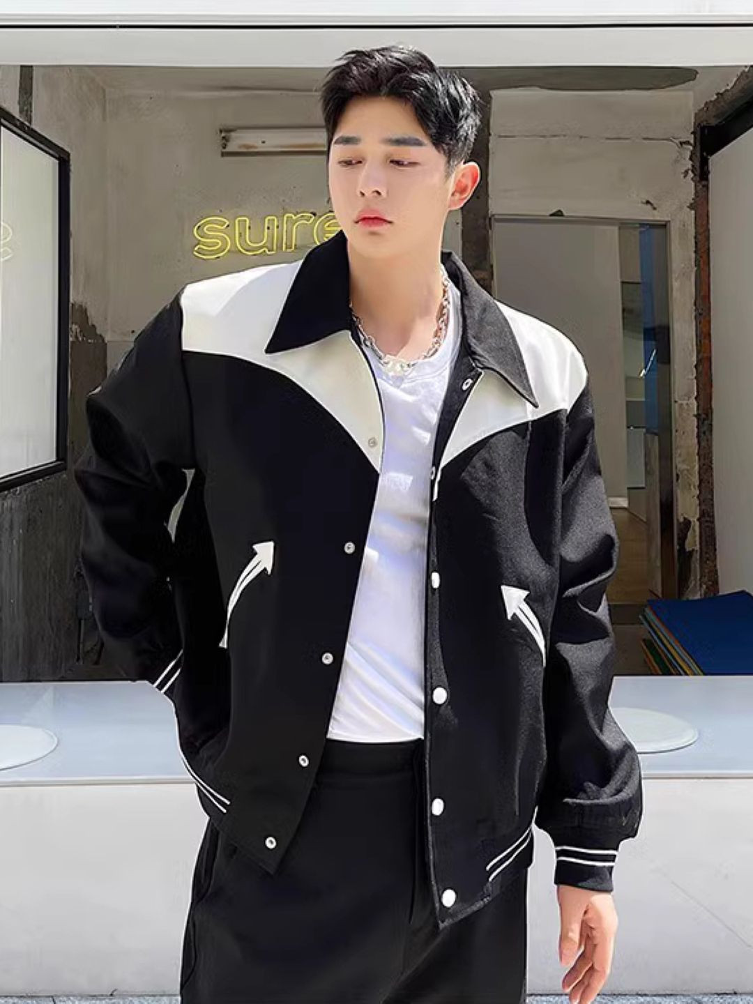 

StyleCast Men Spread Collar Colourblocked Casual Bomber Jacket, Black