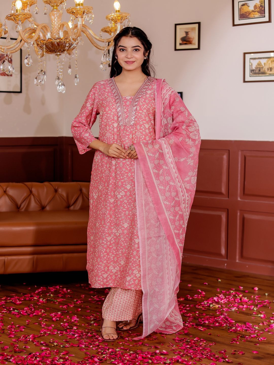 

Chandbaali Floral Printed Straight Thread Work Kurta With Trousers And Dupatta, Pink