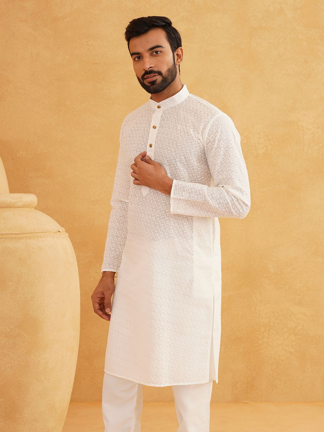 

SOJANYA Ethnic Motifs Chikankari Band Collar Pure Cotton Straight Long Kurta, Cream