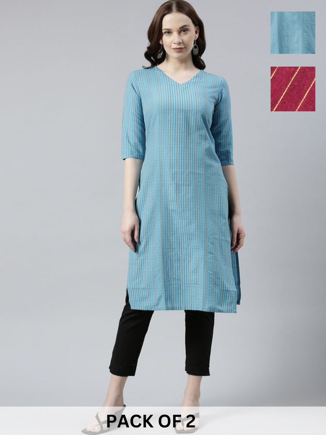 

KALINI Selection Of 2 Striped Printed V-Neck Pure Cotton Straight Kurta, Blue