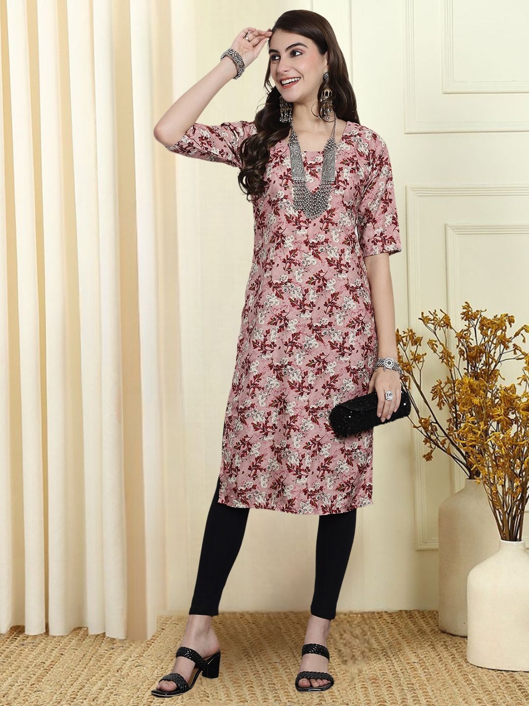 

7Threads Floral Printed Round Neck Straight Kurta, Beige