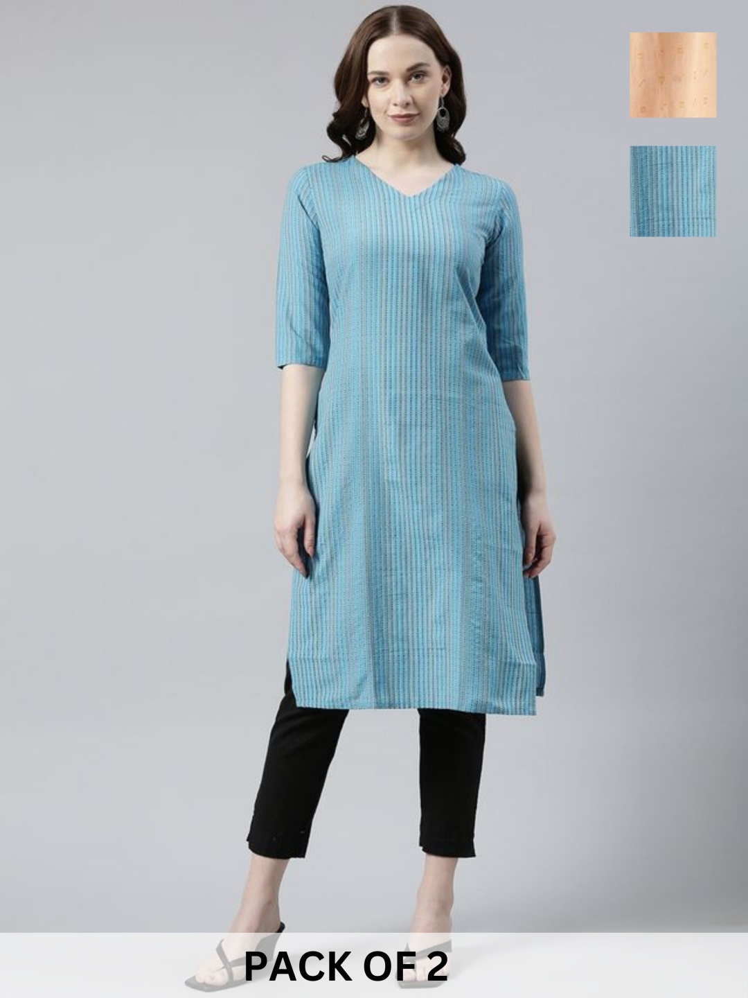 

KALINI Selection Of 2 Striped Printed V-Neck Straight Kurtas, Blue
