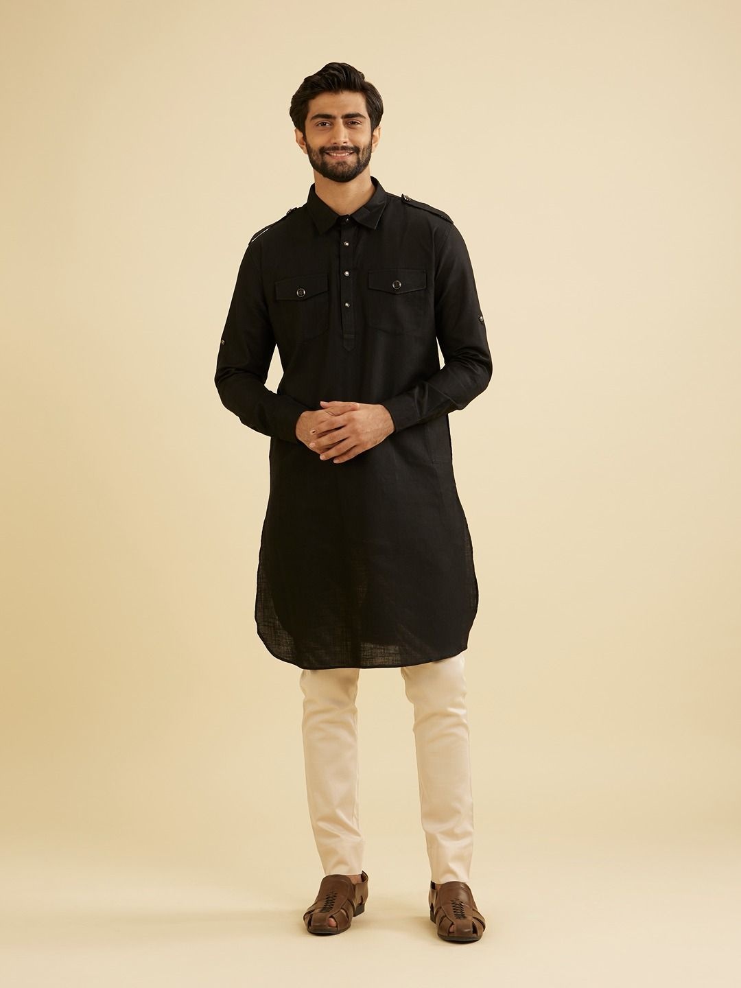 

Manyavar Shirt Collar Pathani Kurta, Black