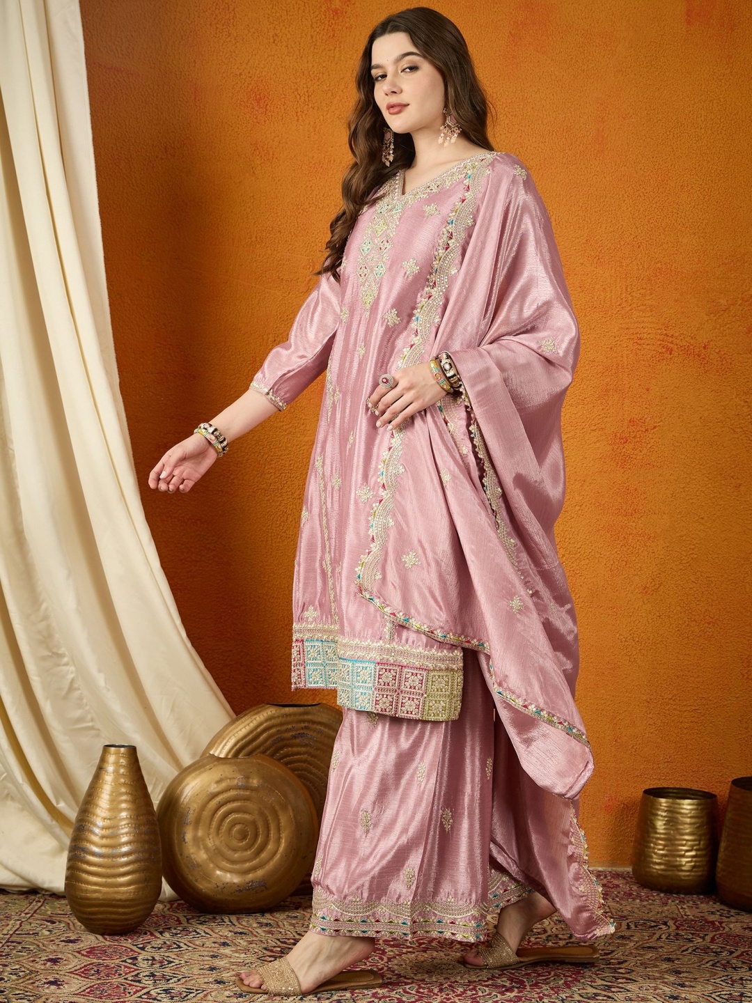 

Miss Ethnik Ethnic Motifs Embroidered V-Neck Straight Kurta With Palazzos & Dupatta, Purple