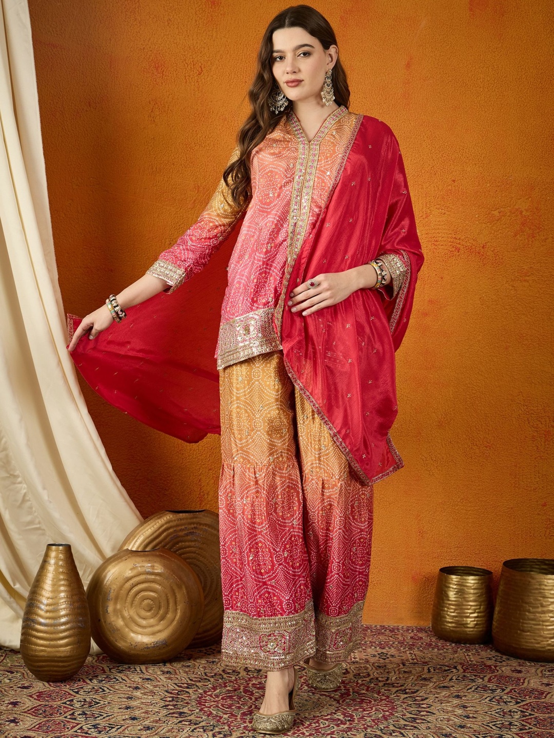 

Miss Ethnik Ethnic Motifs Sequinned Embroidered V-Neck Kurti With Sharara And Dupatta, Pink