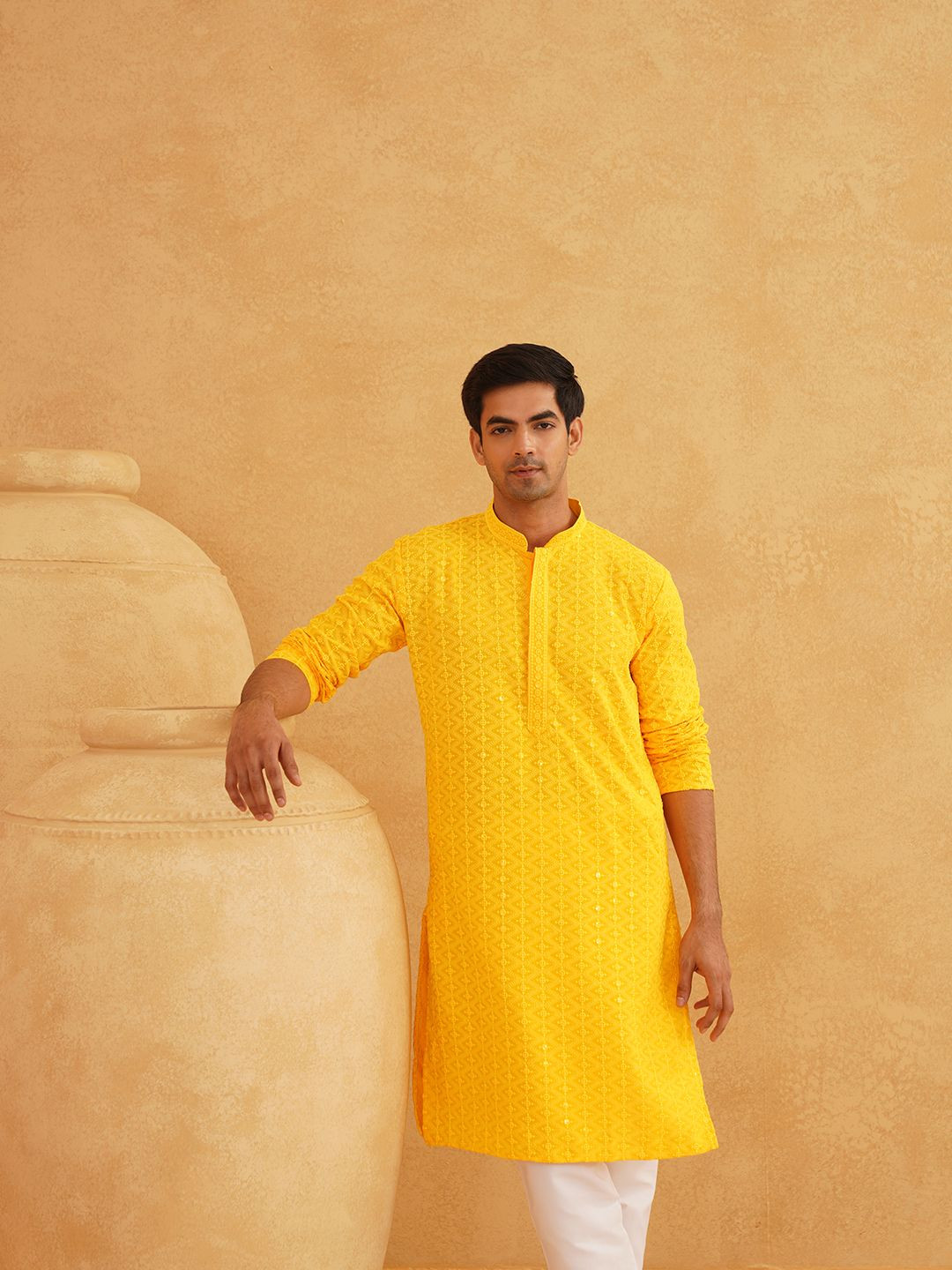 

SOJANYA Chevron Embroidered Sequinned Mandarin Collar Pure Cotton Kurta With Churidar, Mustard