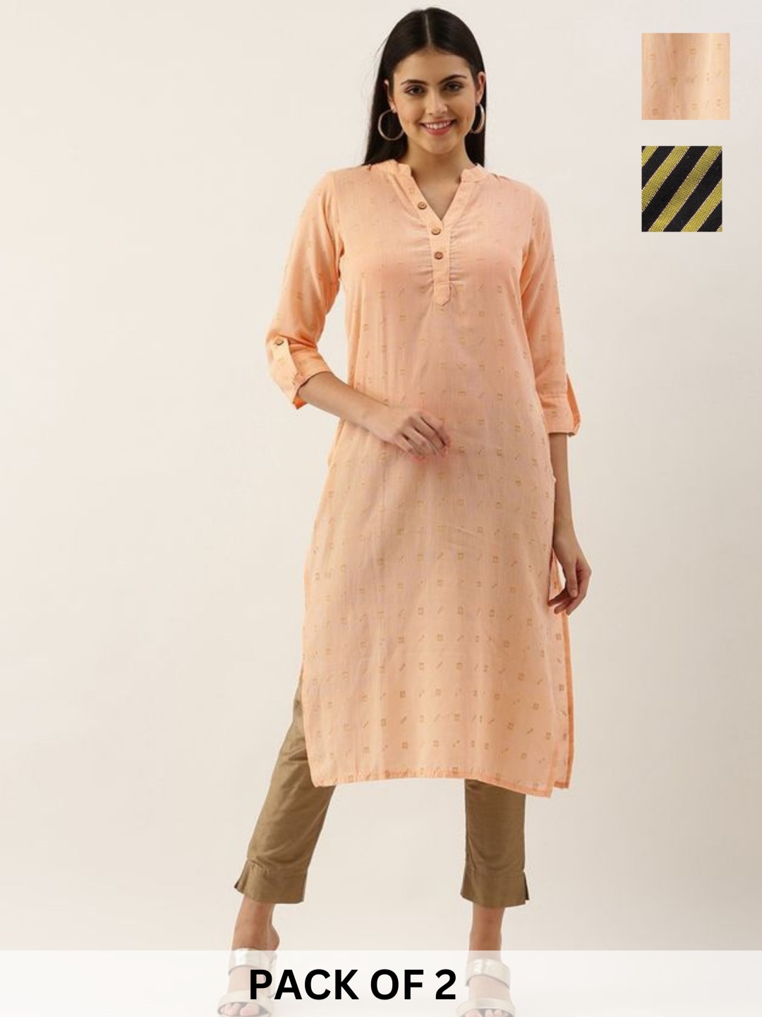 

KALINI Selection Of 2 Woven Design Mandarin Collar Straight Kurtas, Peach