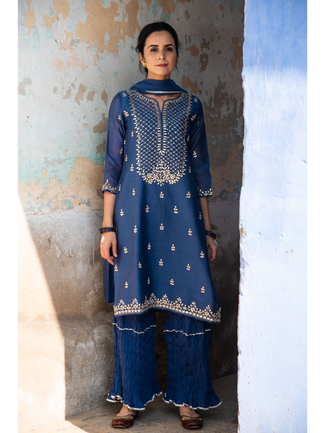 

Kameez by Pooja Kejriwal Floral Embroidered A-Line Kurta With Sharara & Dupatta, Blue