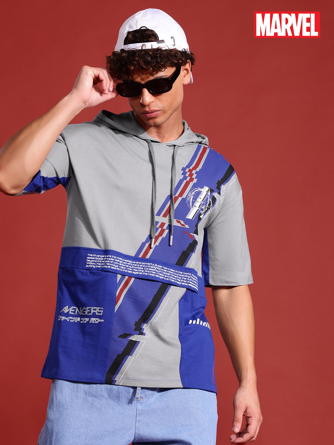 

MARVEL STREET Cyber Punk Men Colourblocked Hooded Drop-Shoulder Sleeves Pure Cotton T-shirt, Grey