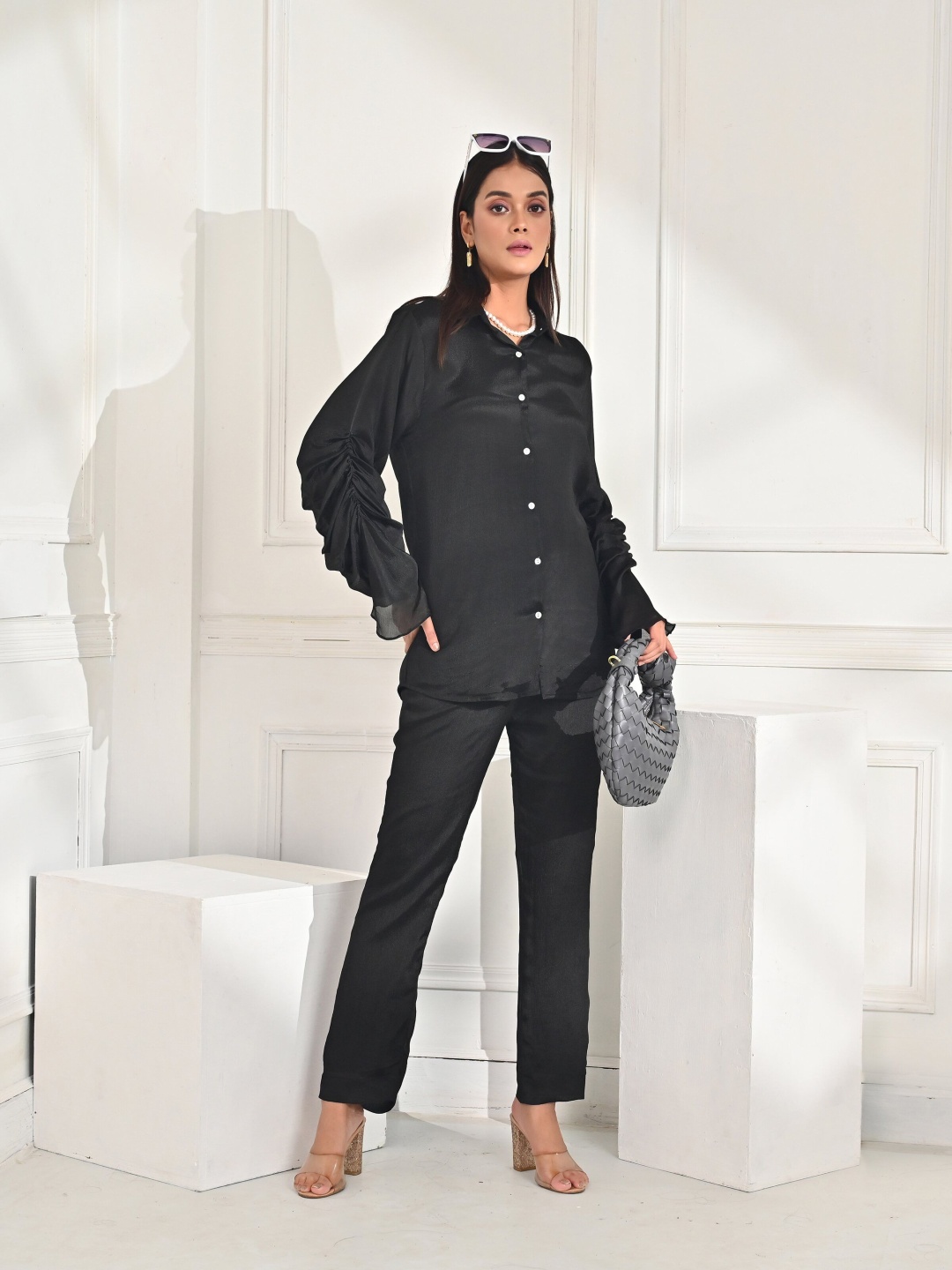 

Unityshop Shirt Collar Long Sleeves Shirt With Trouser, Black