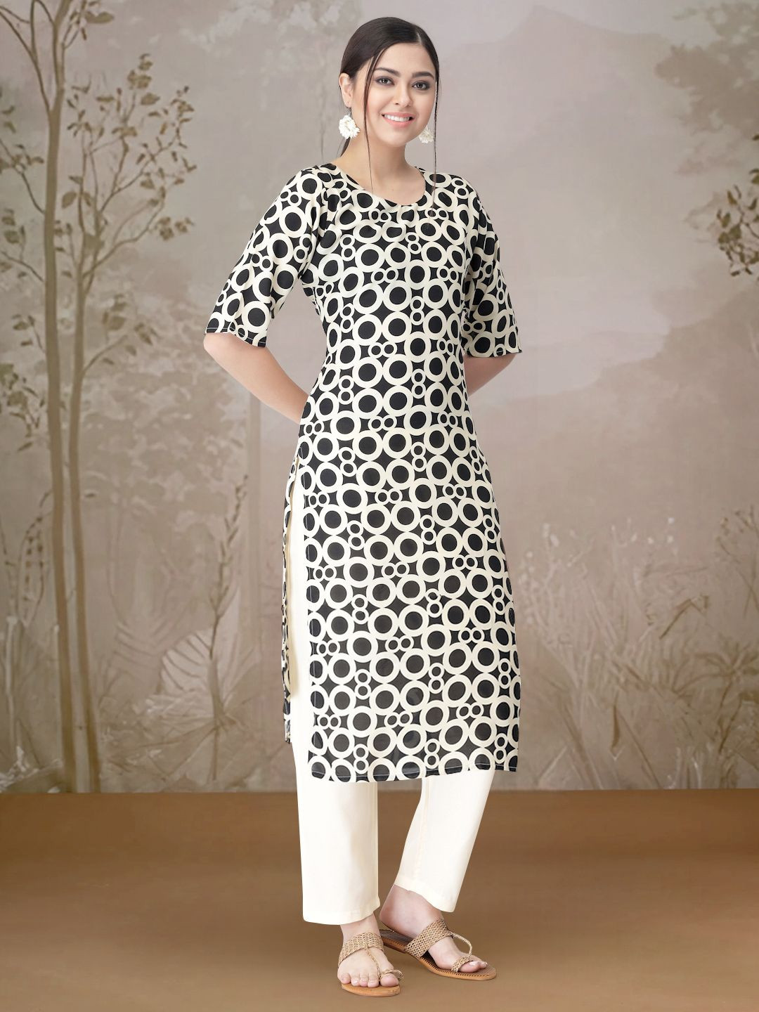 

7Threads Geometric Printed Round Neck Straight Kurta With Trousers, Black