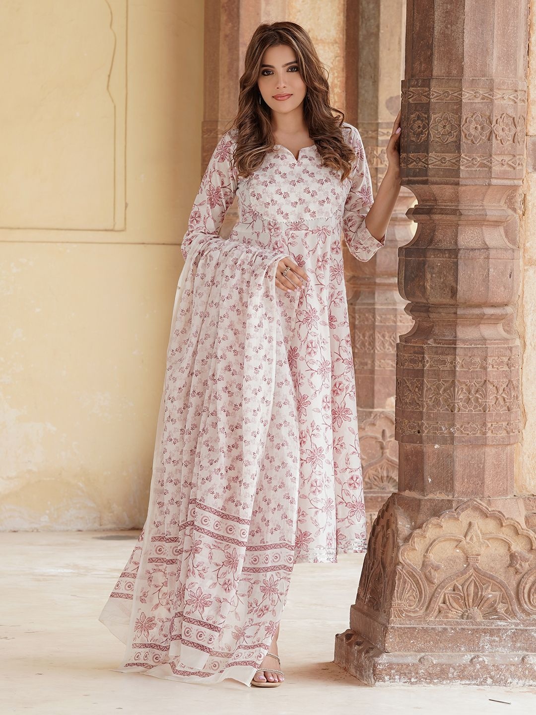 

Jaitpuriya Floral Printed Pure Cotton Notch Neck Anarkali Kurta With Trouser & Dupatta, Rust