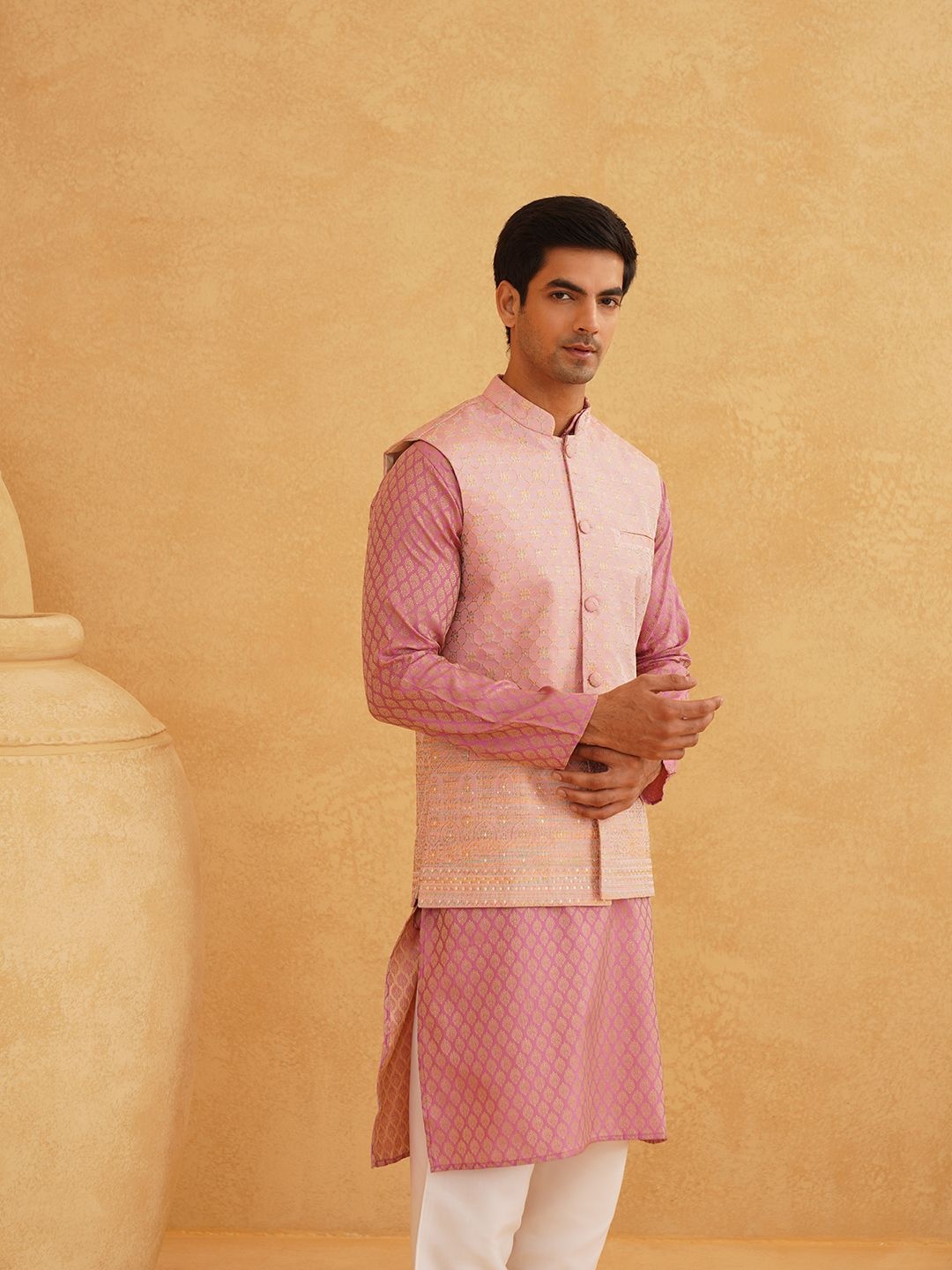 

SOJANYA Floral Woven Design Mandarin Collar Straight Kurta With Churidar & Nehru Jacket, Pink