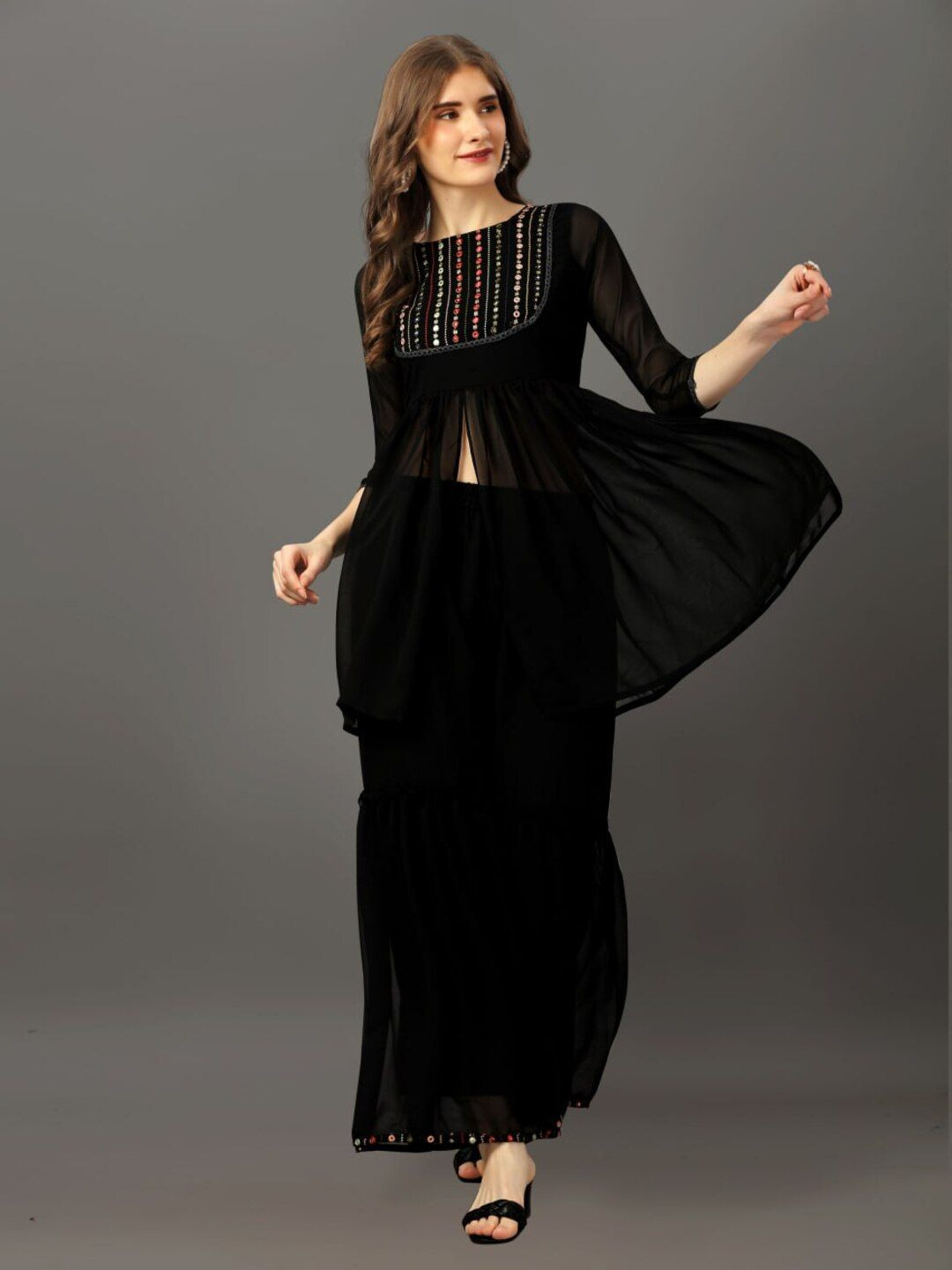 

SHIJILA Geometric Embroidered Mirror Work Empire Style Anarkali Kurti With Sharara, Black