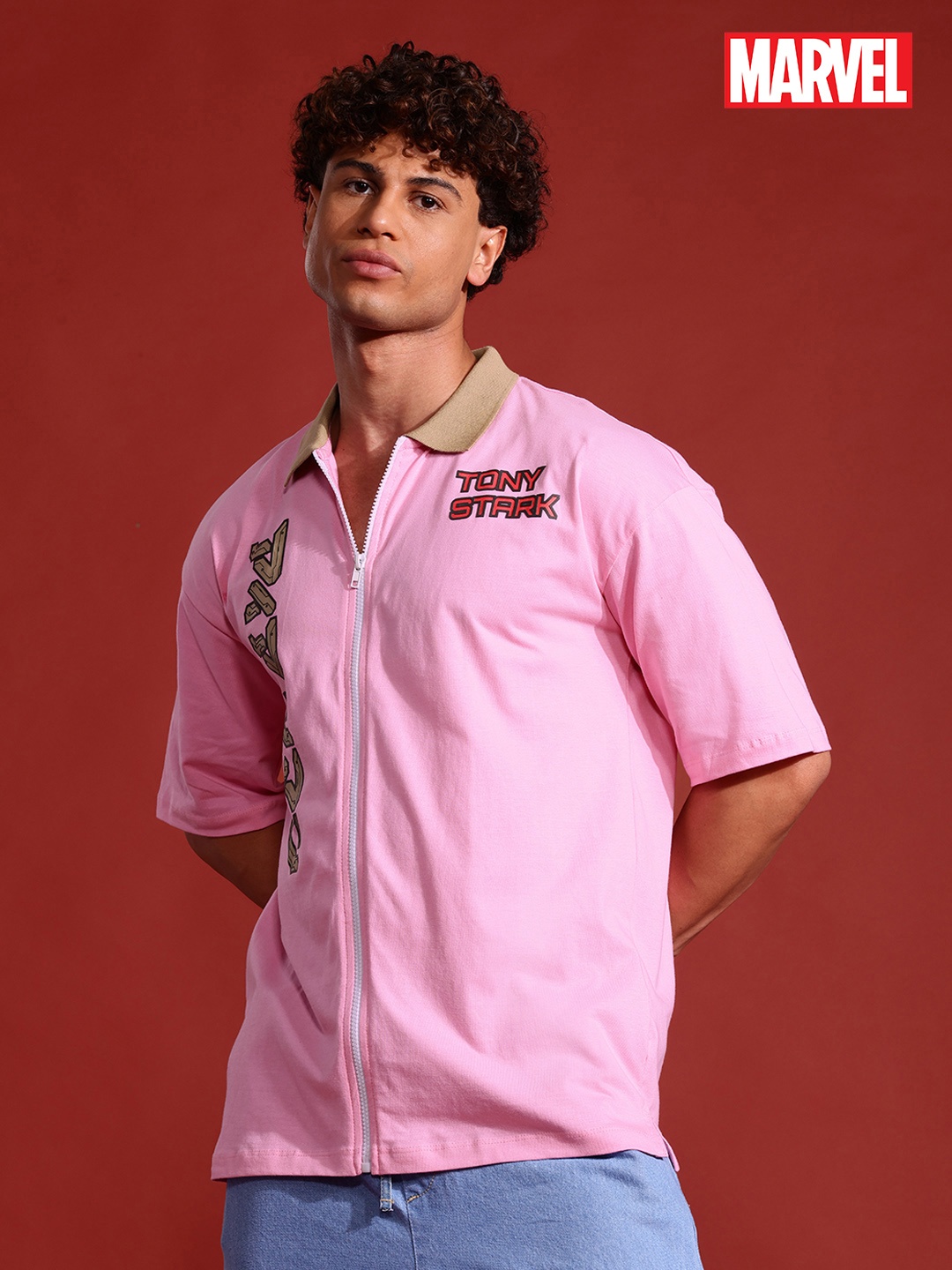 

MARVEL STREET Men Typography Printed Polo Collar Drop-Shoulder Sleeves Pure Cotton T-shirt, Pink