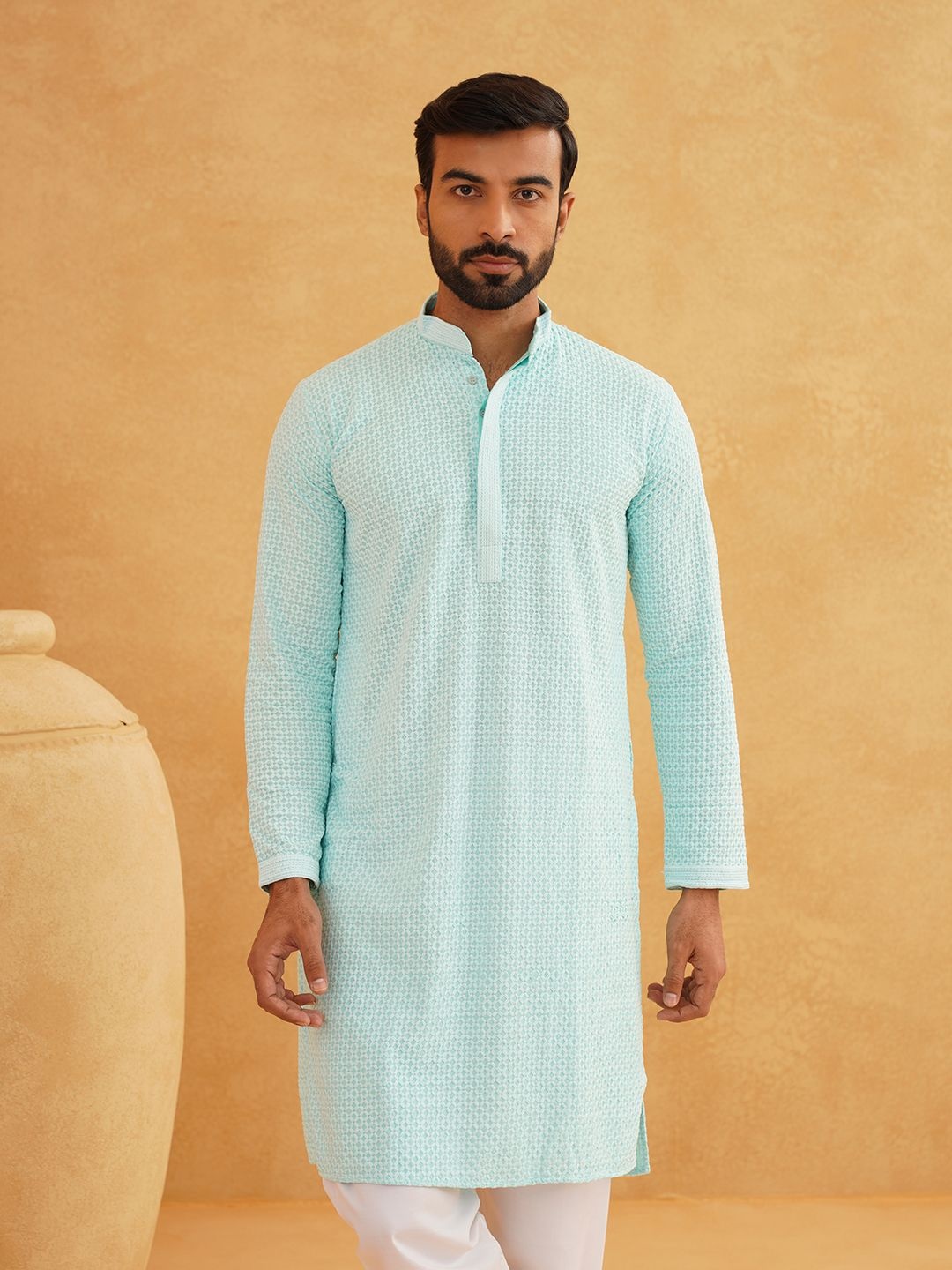 

SOJANYA Geometric Embroidered Mandarin Collar Pure Cotton Straight Kurta, Turquoise blue