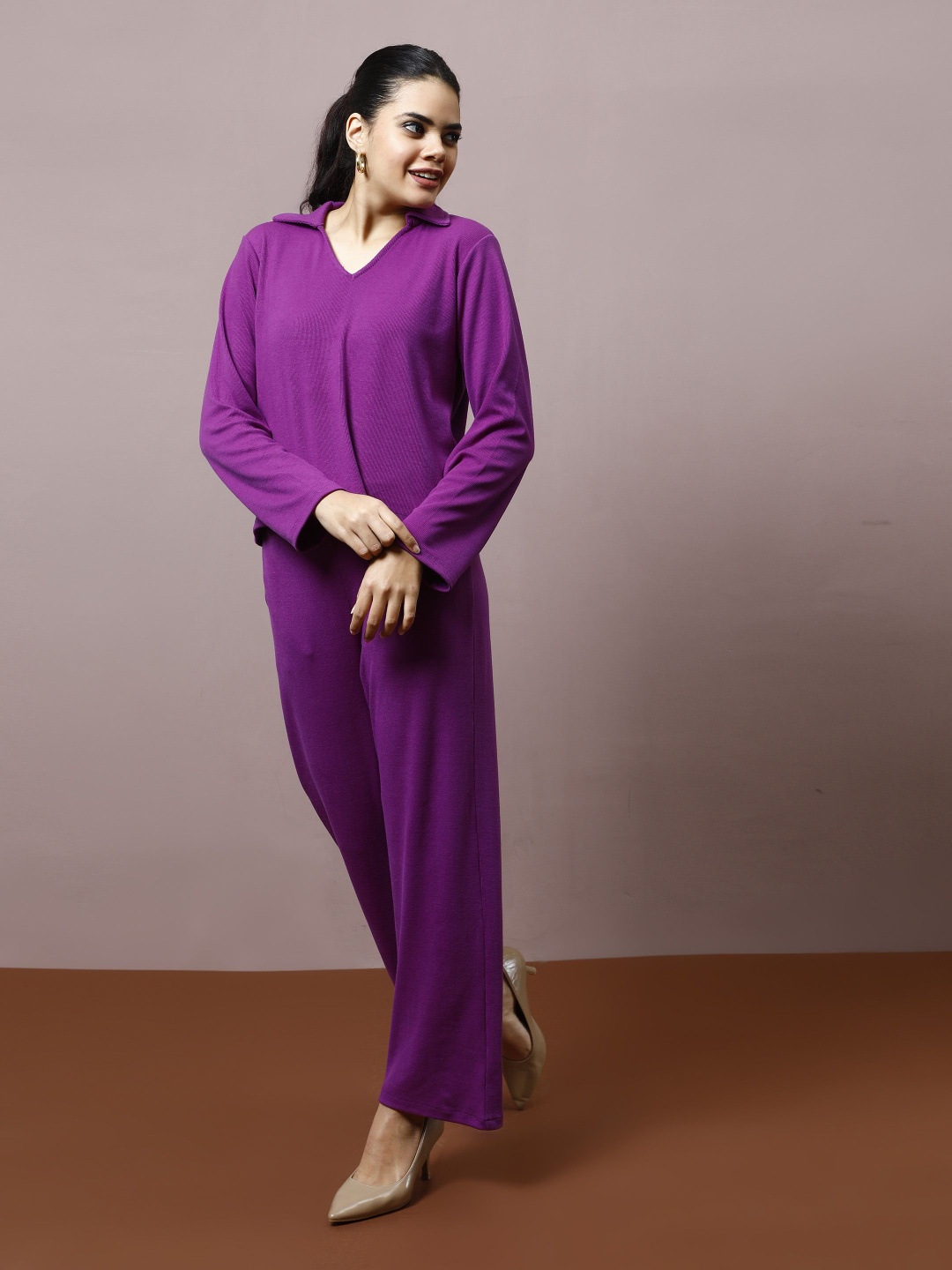 

Athena Self Design Shirt Collar Long Sleeves T-Shirt With Trouser, Purple