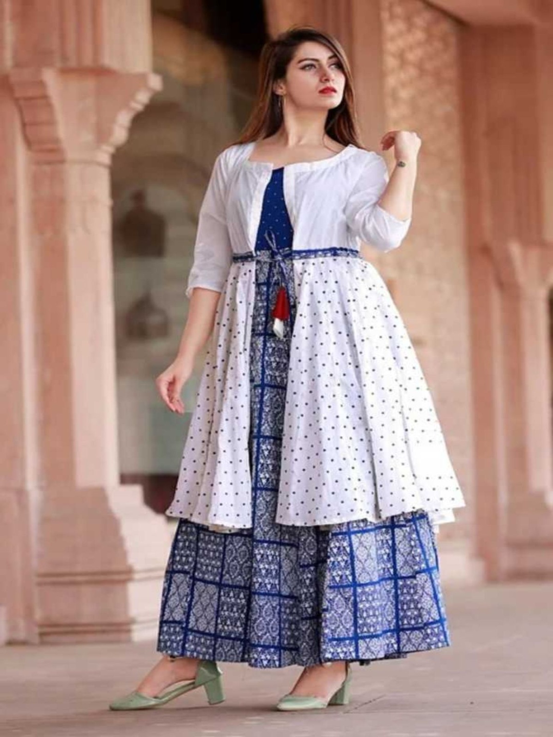 

Niona Ethnic Motifs Printed Flare Kurta With Jacket, White
