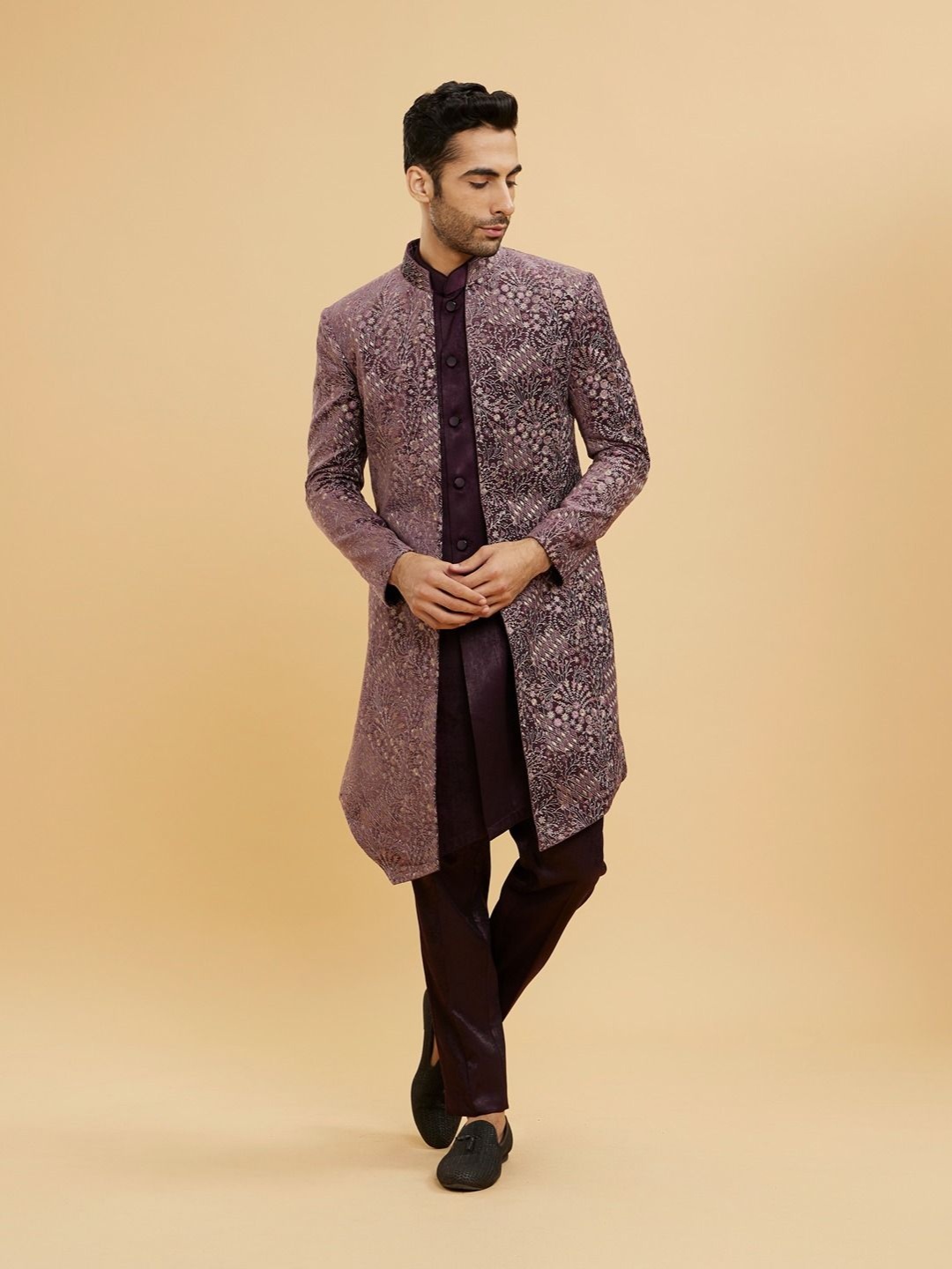 

Twamev Men Embroidery Mirror Work Sherwani Set, Purple