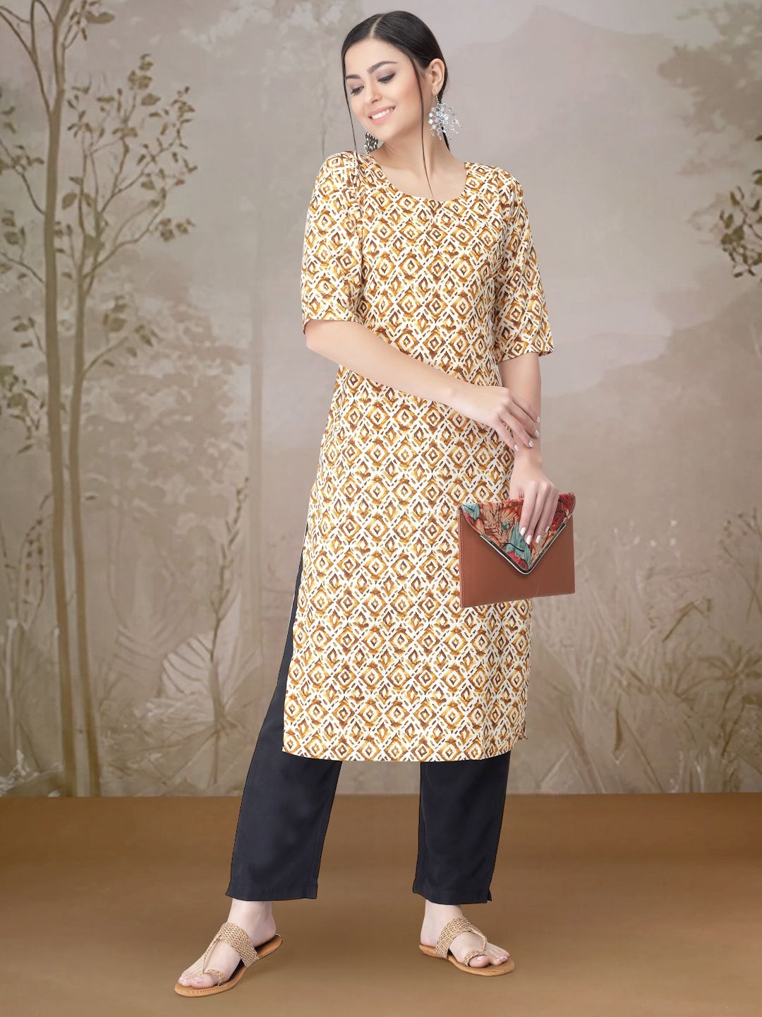 

7Threads Floral Printed Round Neck Straight Kurta With Trouser, Beige