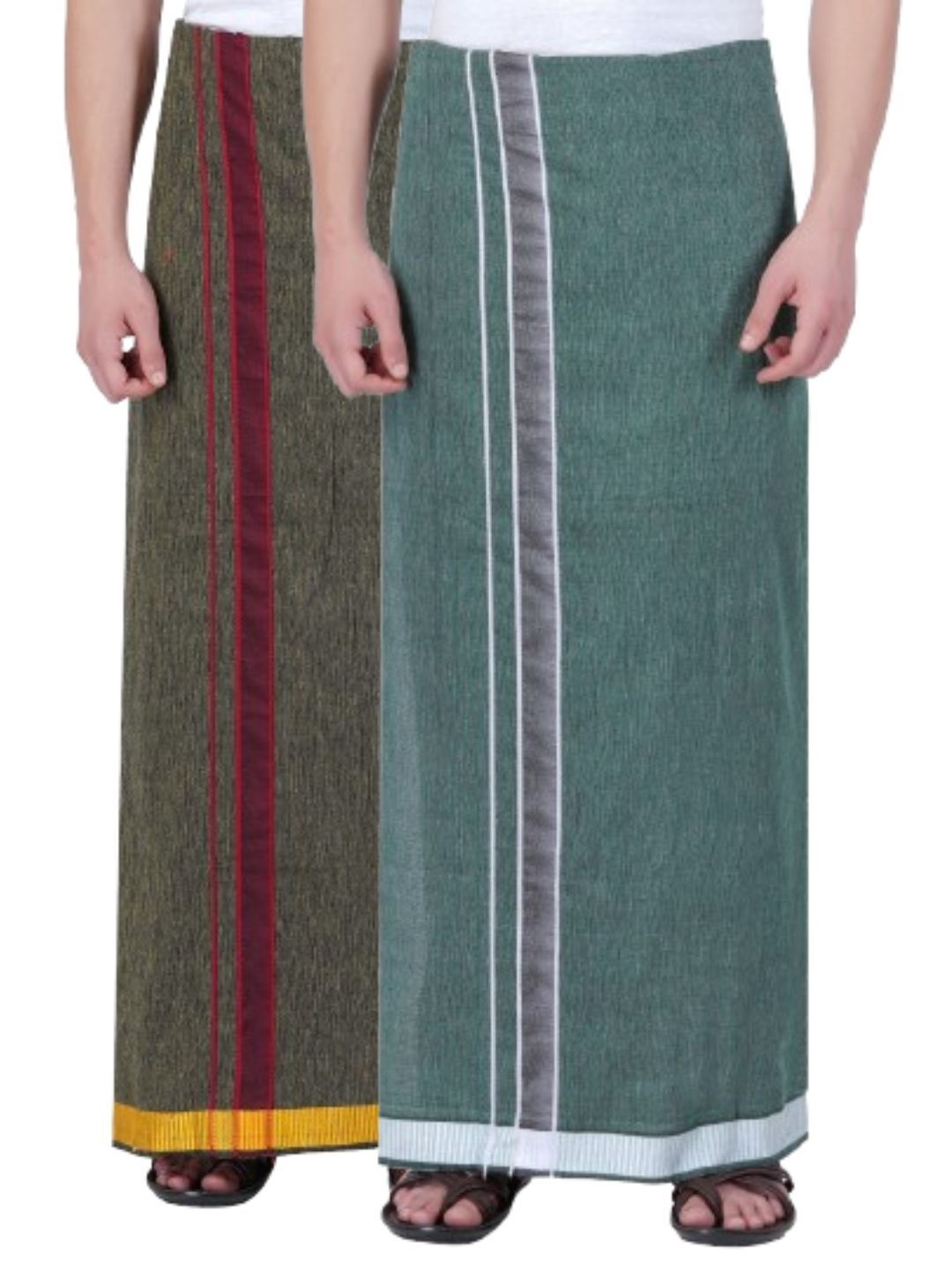 

Ethazh Men Pack of 2 Solid Cotton Dhotis, Olive