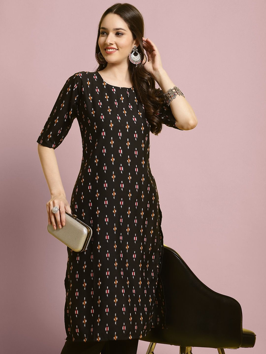 

7Threads Geometric Printed Straight Kurta with Trousers, Black