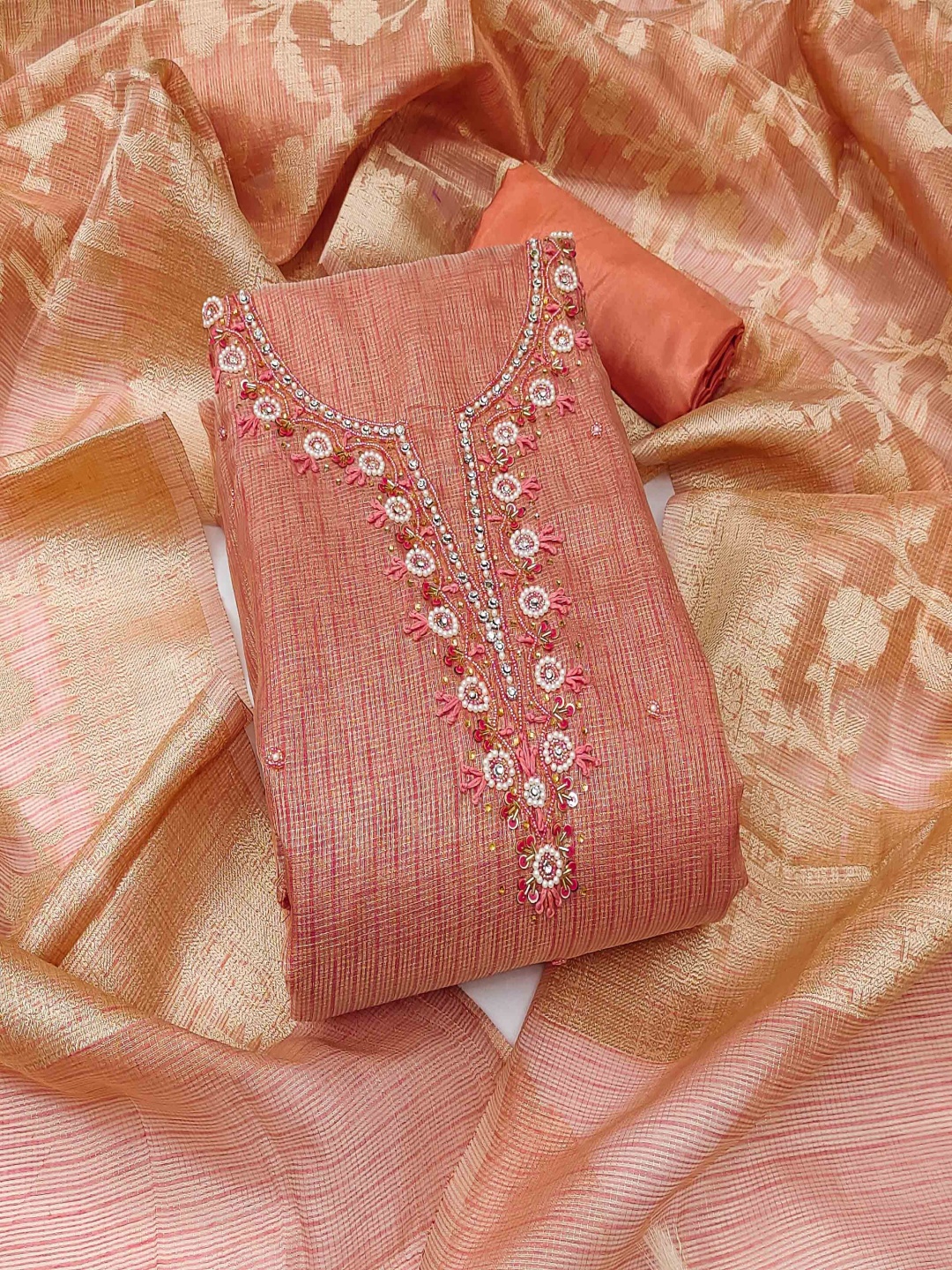 

KALINI Floral Embroidered Breads Work Unstitched Dress Material, Peach