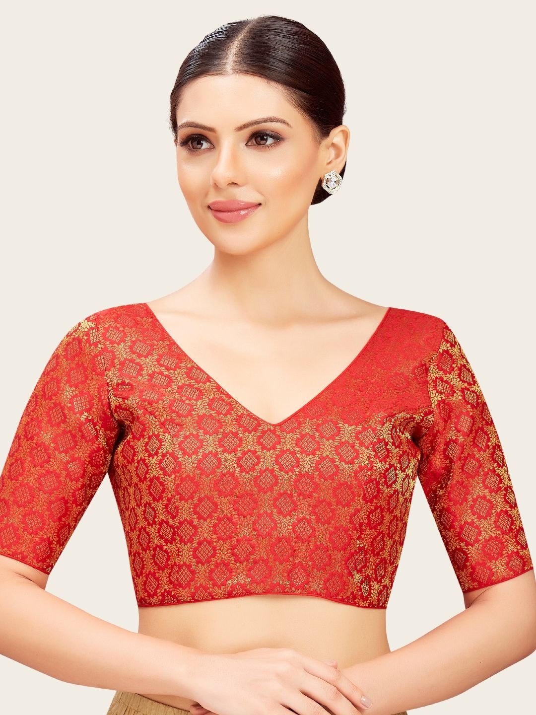 

Studio Shringaar Women Woven Design V Neck Readymade Saree Blouse., Red