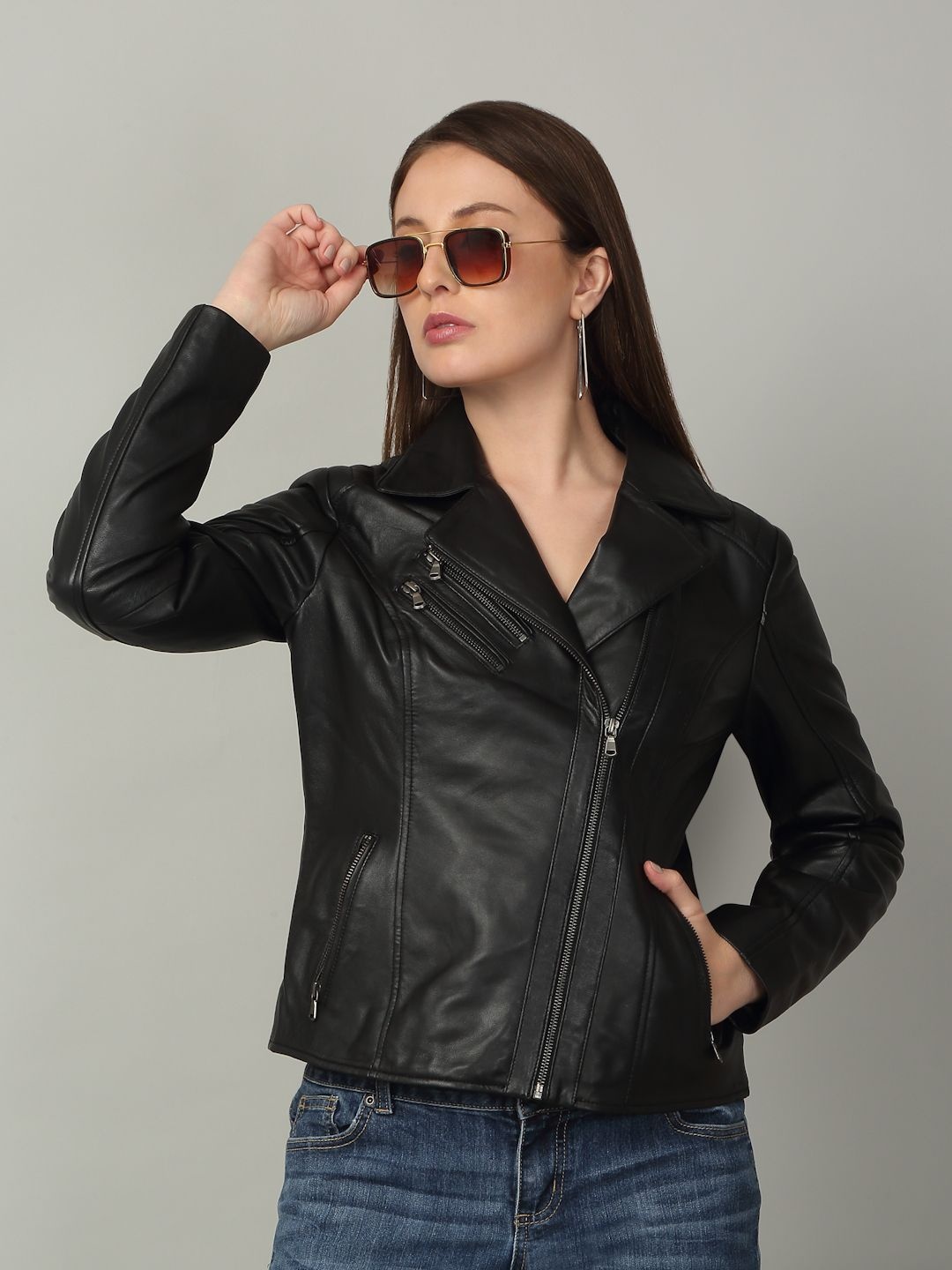 

Teakwood Leathers Women Lapel Collar Solid Leather Casual Leather Lightweight Jacket, Black