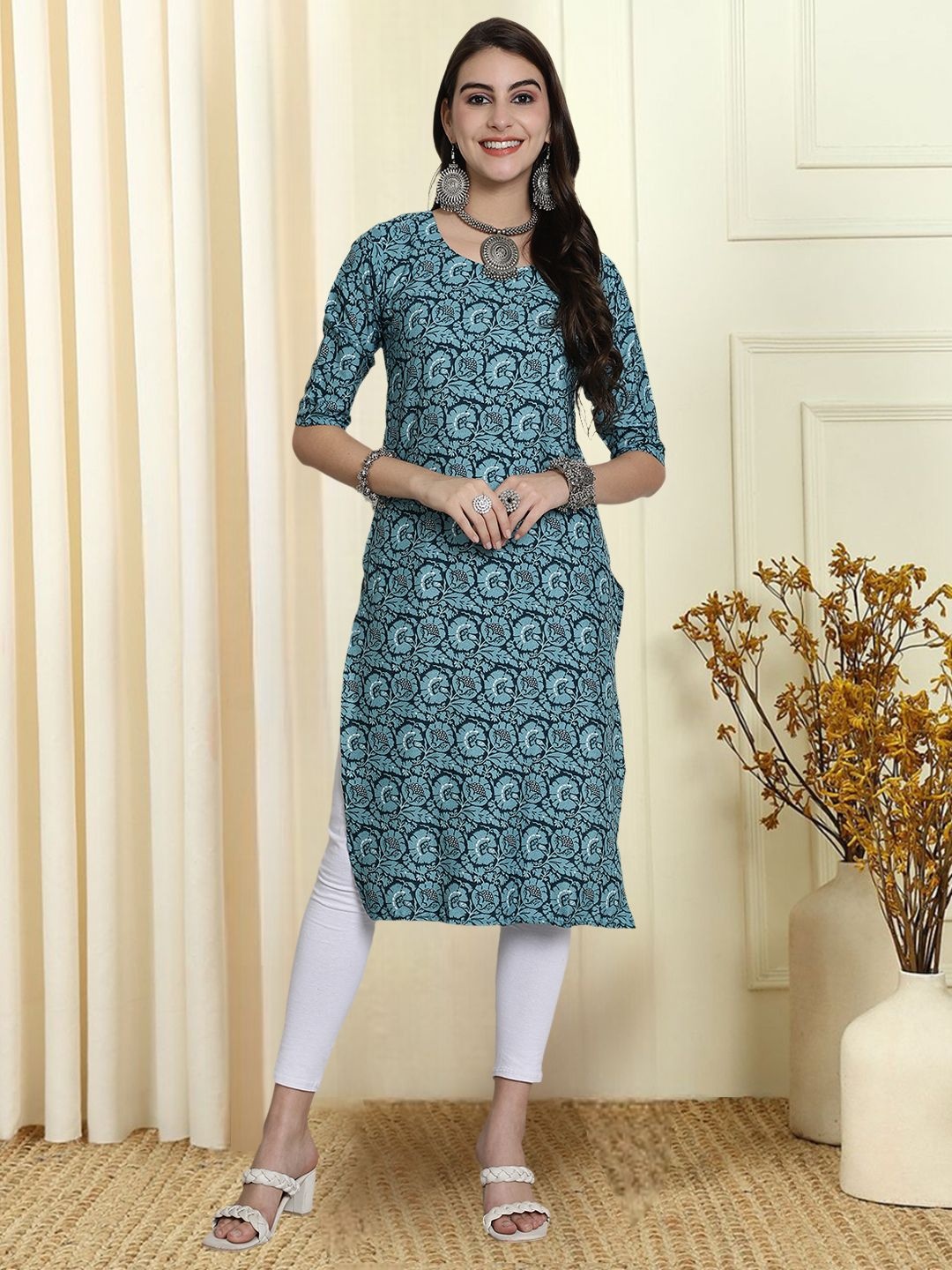 

7Threads Floral Printed Round Neck Straight Kurta, Teal