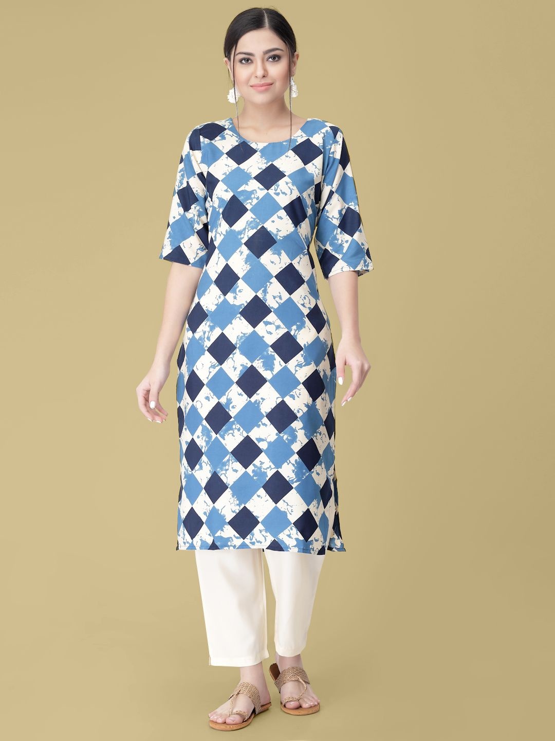 

7Threads Geometric Printed Round Neck Regular Straight Kurta With Trouser, White