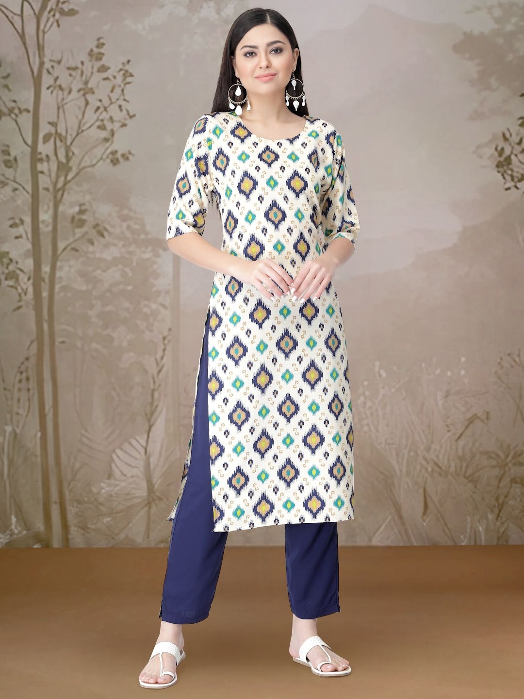 

7Threads Ethnic Motifs Printed Round Neck Straight Kurta With Trousers, Blue