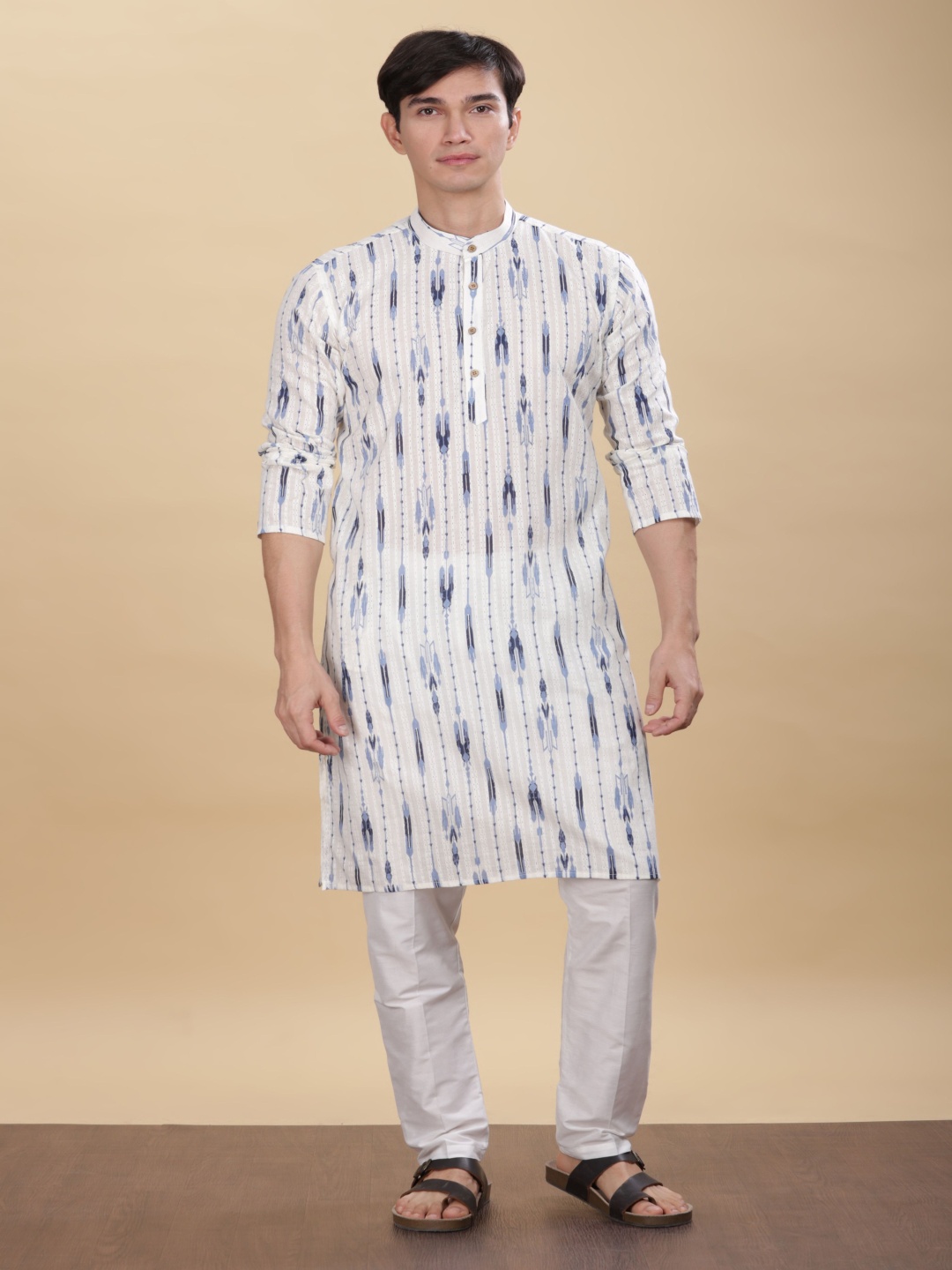 

Anouk White Abstract Printed Band Collar Cotton Straight Kurta