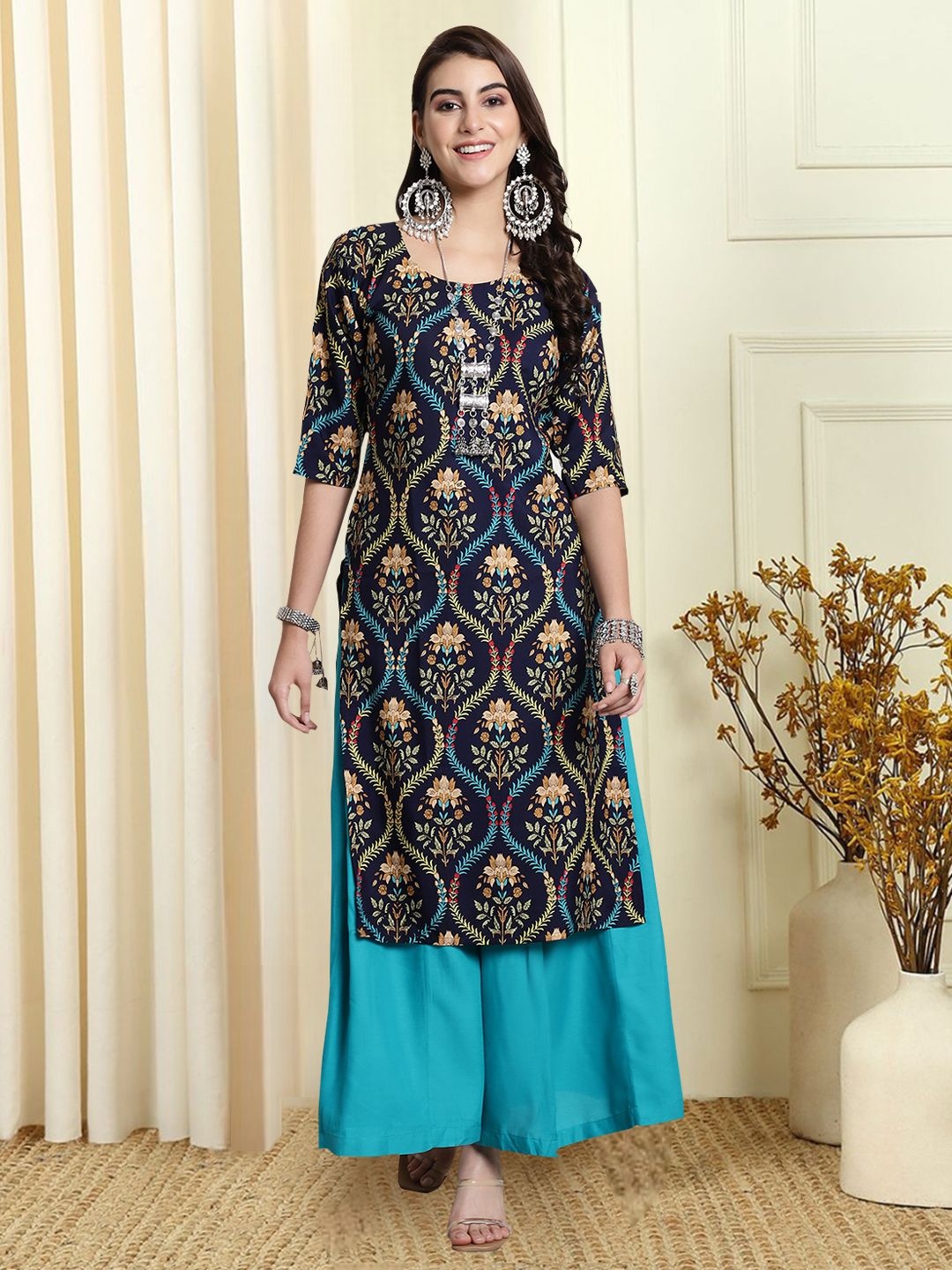 

7Threads Floral Printed Round Neck Straight Kurta, Navy blue
