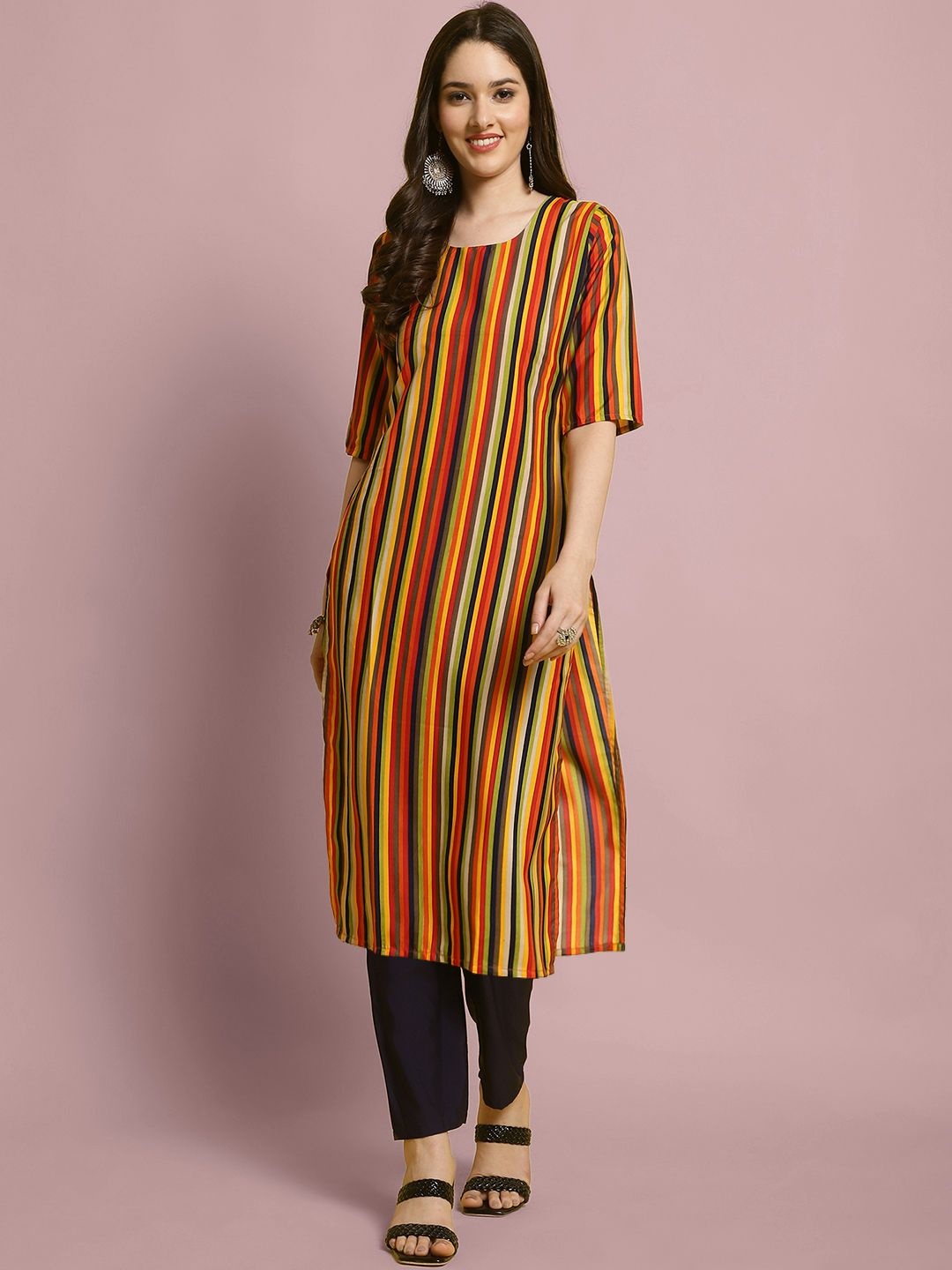 

7Threads Striped Printed Straight Kurta With Trouser, Red