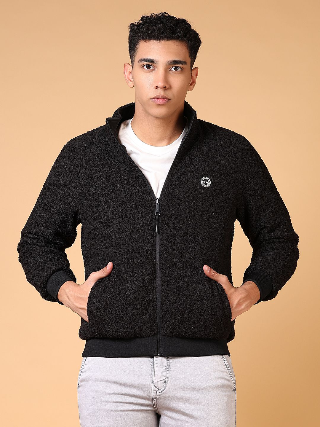 

V-Mart Men Mock Collar Solid Cotton Casual Bomber Jacket, Black