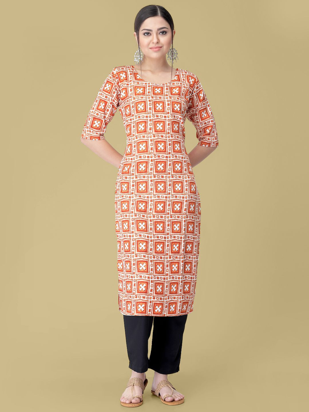 

7Threads Floral Printed Round Neck Straight Kurta with Trouser, Orange